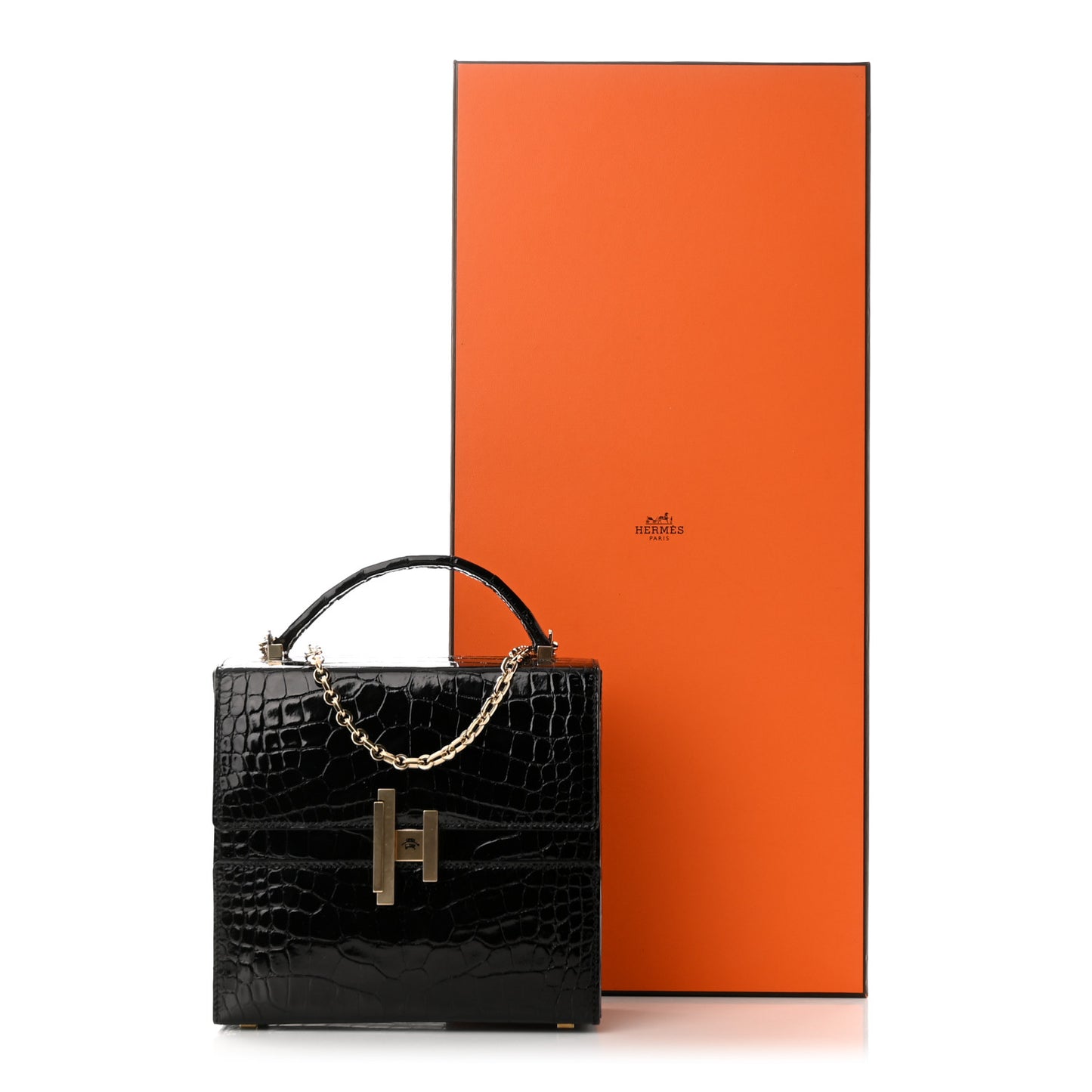 Shiny Alligator Cinhetic Boxy Top Handle Bag Black