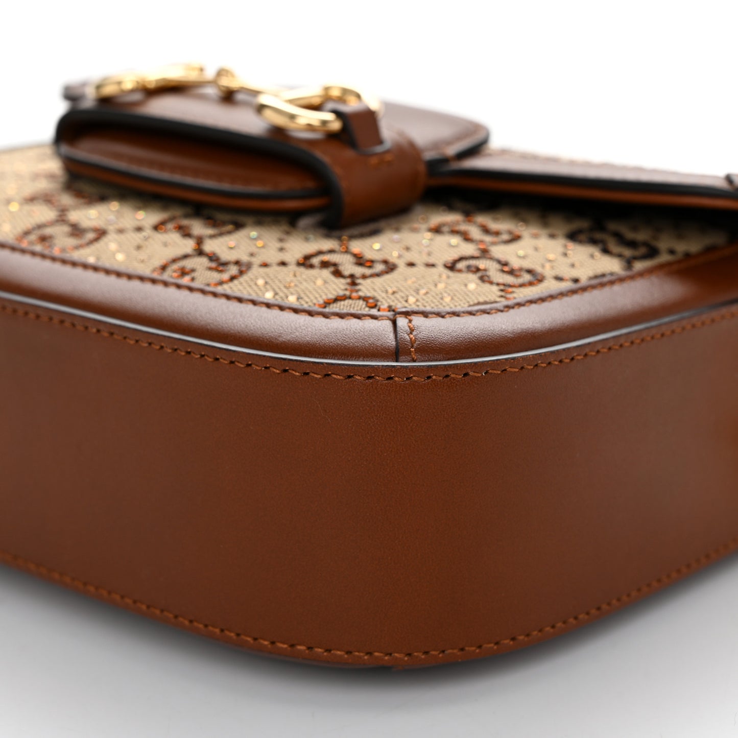 New Canvas Charisma Calfskin Crystal GG Monogram Mini Horsebit 1955 Shoulder Bag Camel Ebony