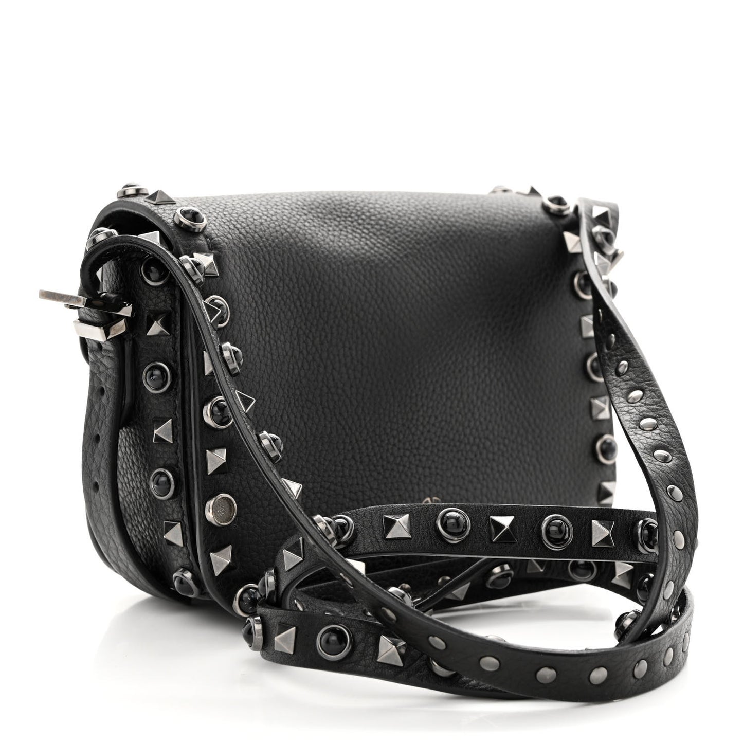 Pebbled Calfskin Rockstud Rolling Flip Lock Crossbody Bag Black
