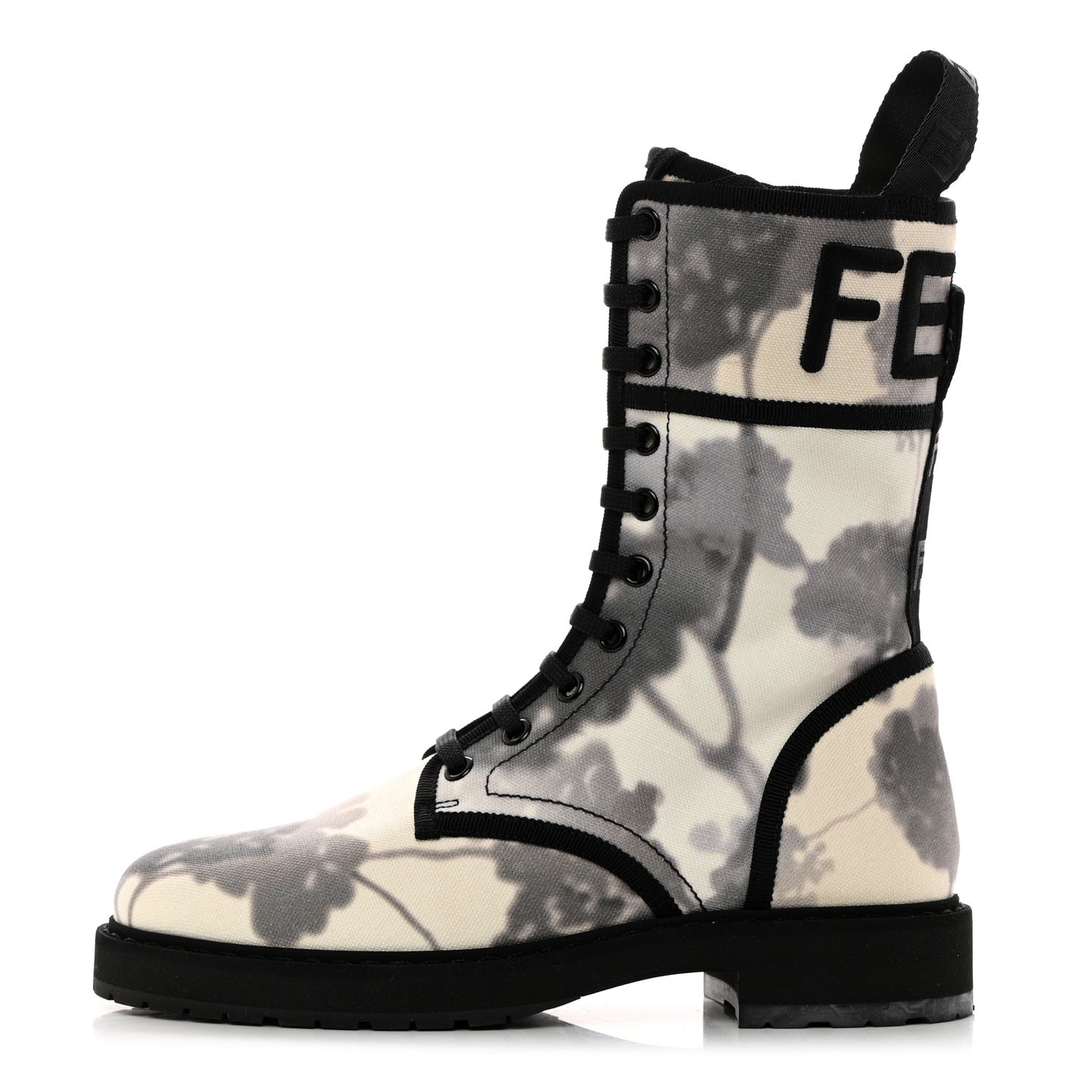 Canvas Floral Print Logo Bi-Color Womens Biker Boots 37 White Black