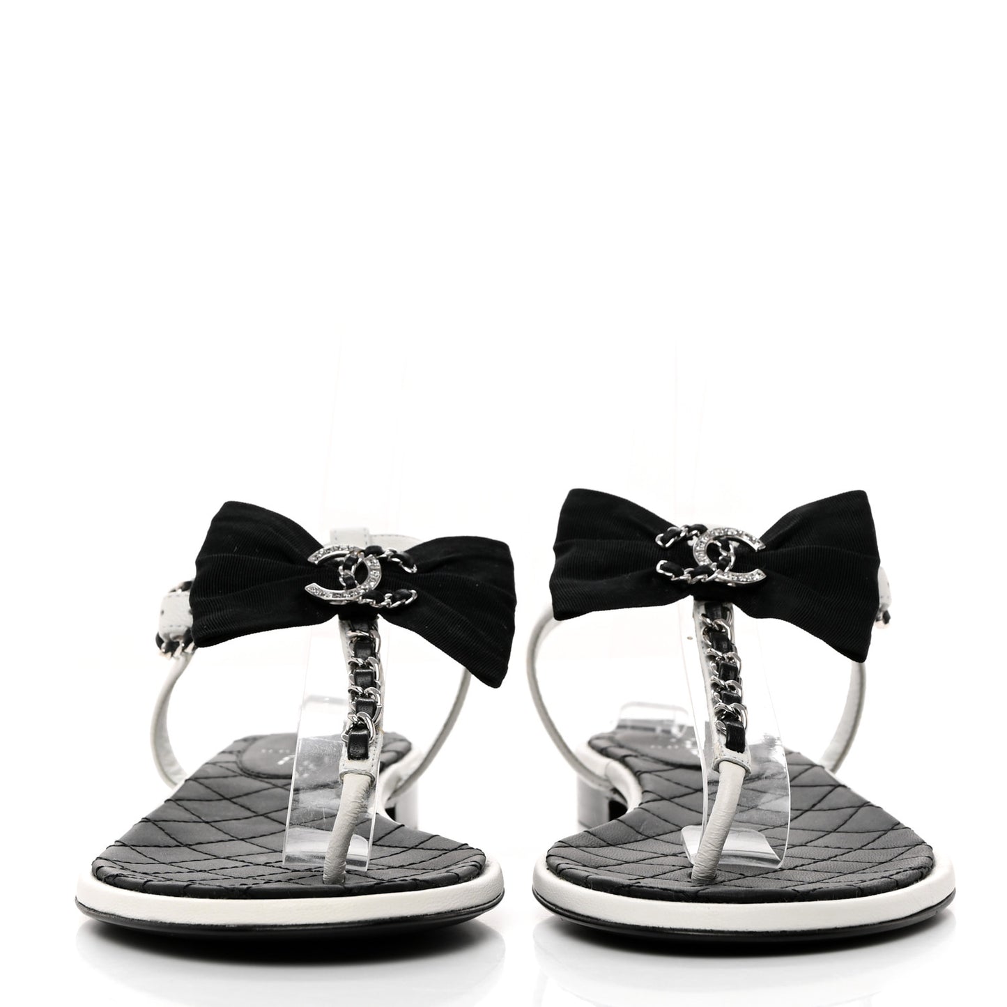Lambskin Crystal Chain CC Logo Thong Sandals 37 White