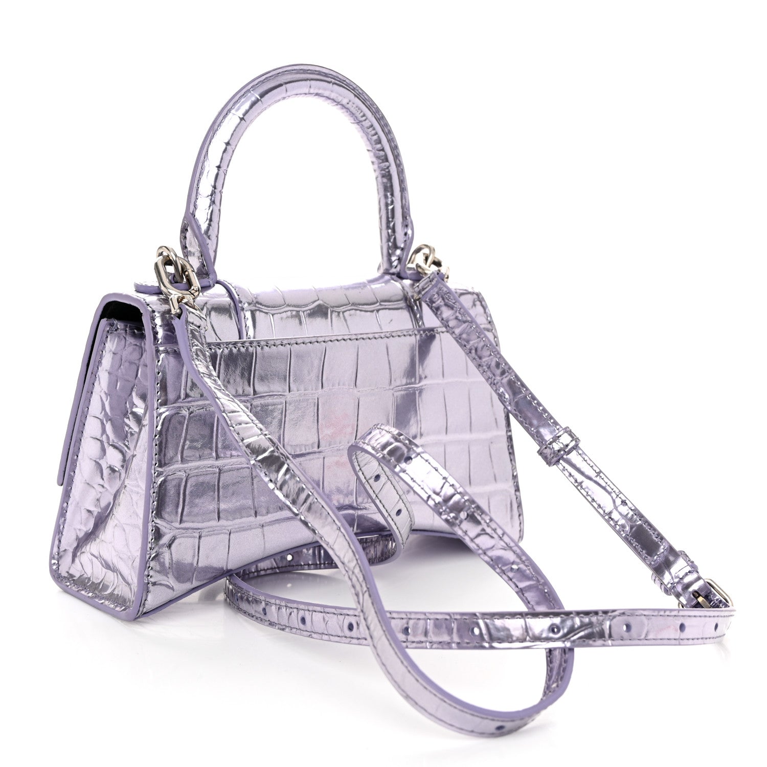 Balenciaga Metallic Calfskin Crocodile Embossed Hourglass Top Handle Bag XS Lilac 2 of 10
