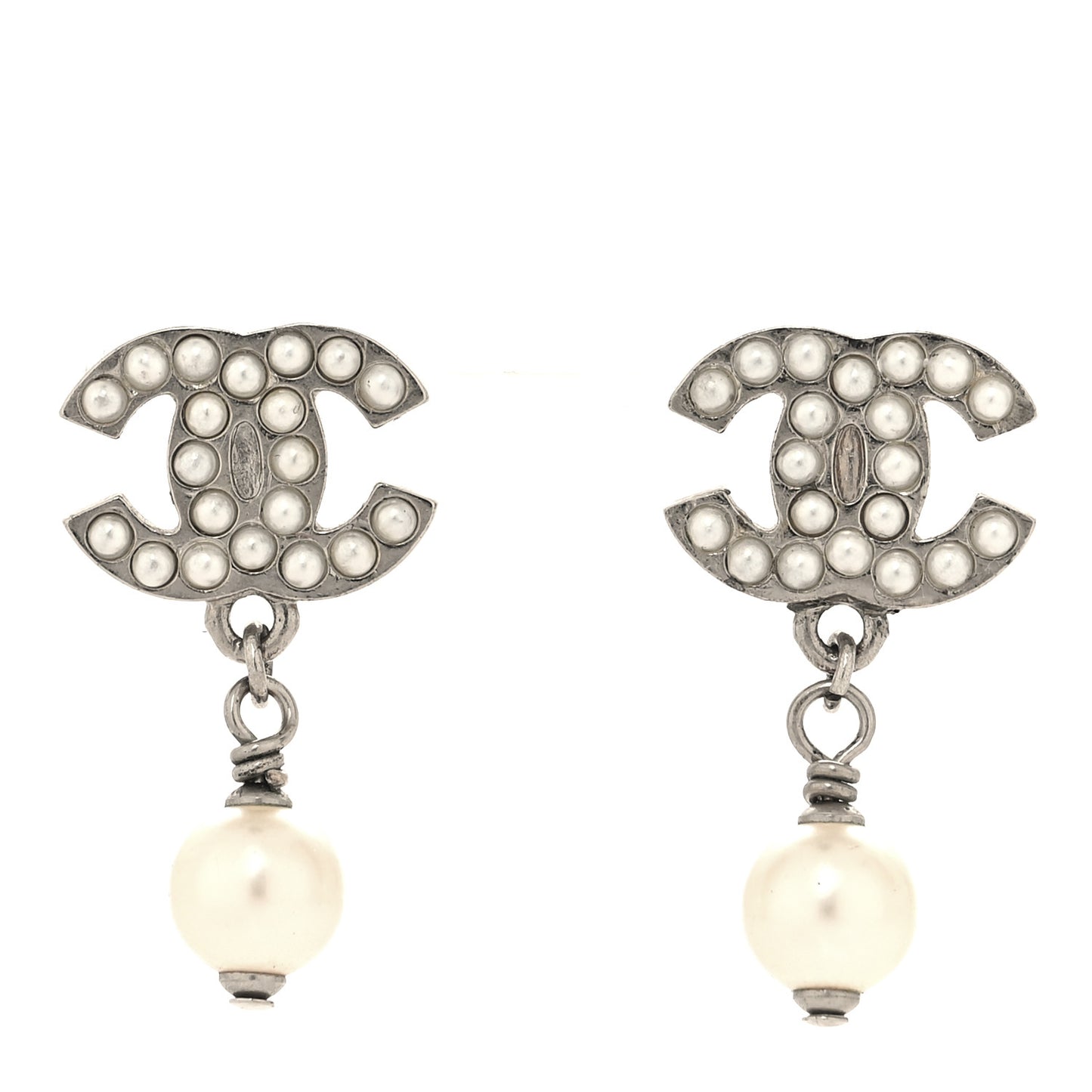Crystal Pearl CC Drop Earrings Silver