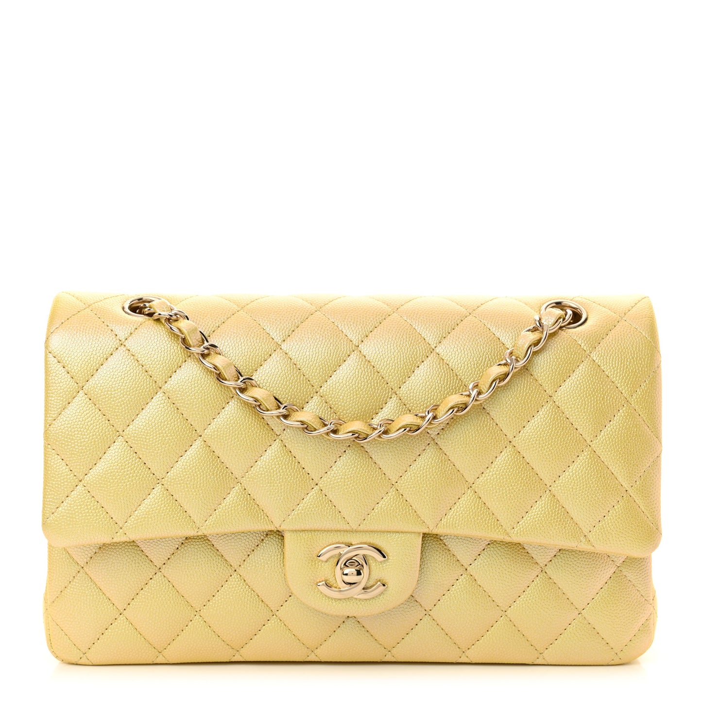 Iridescent Caviar Quilted Medium Double Flap Yellow