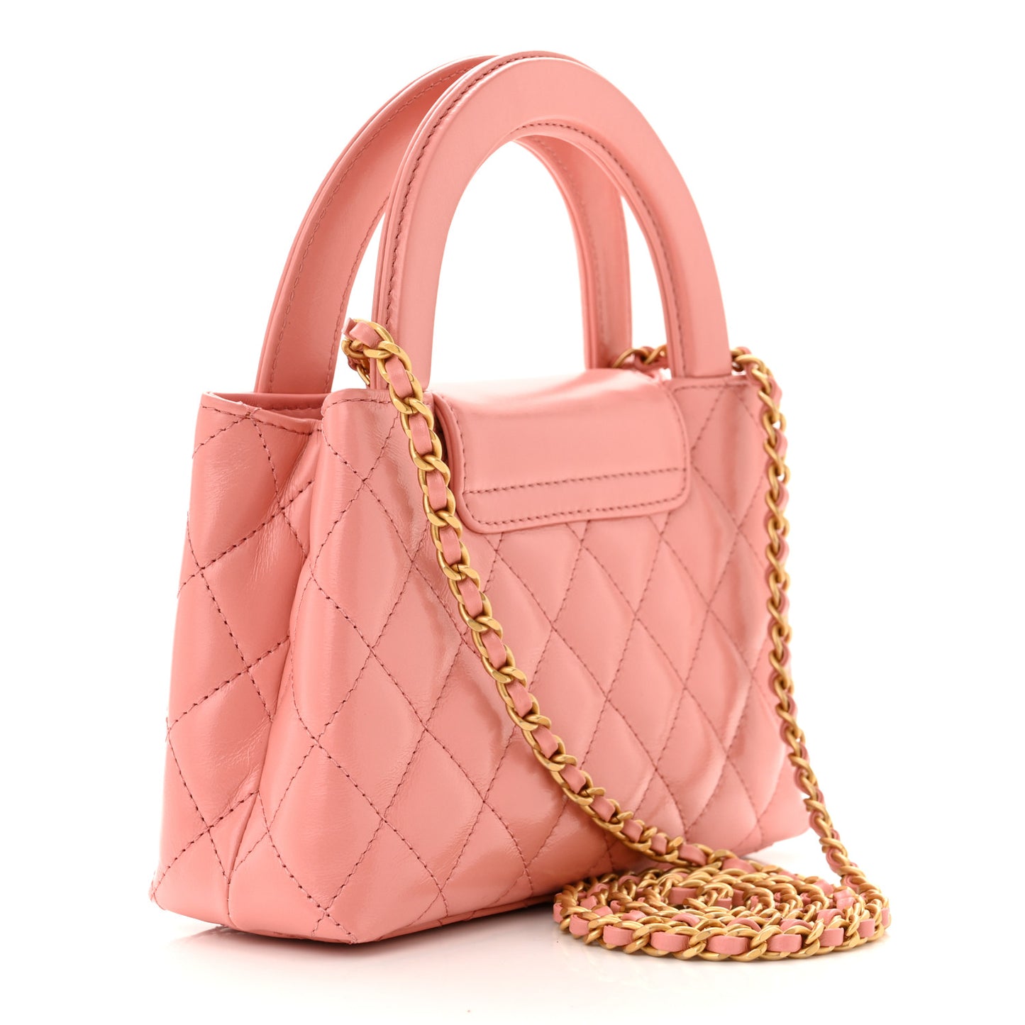 Shiny Aged Calfskin Quilted Nano Kelly Shopper Coral Pink