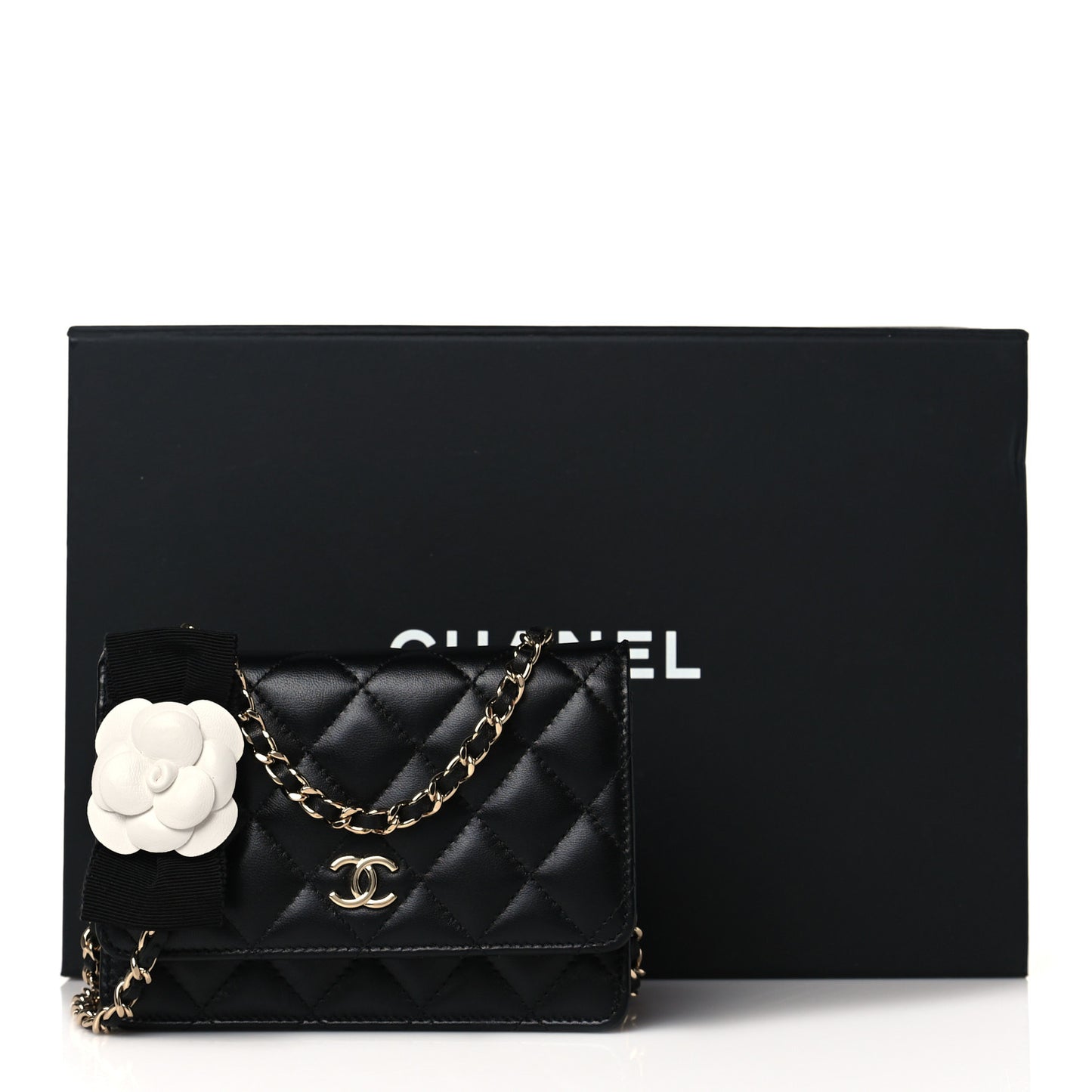 Lambskin Quilted Mini Camellia Bow Wallet On Chain WOC Black