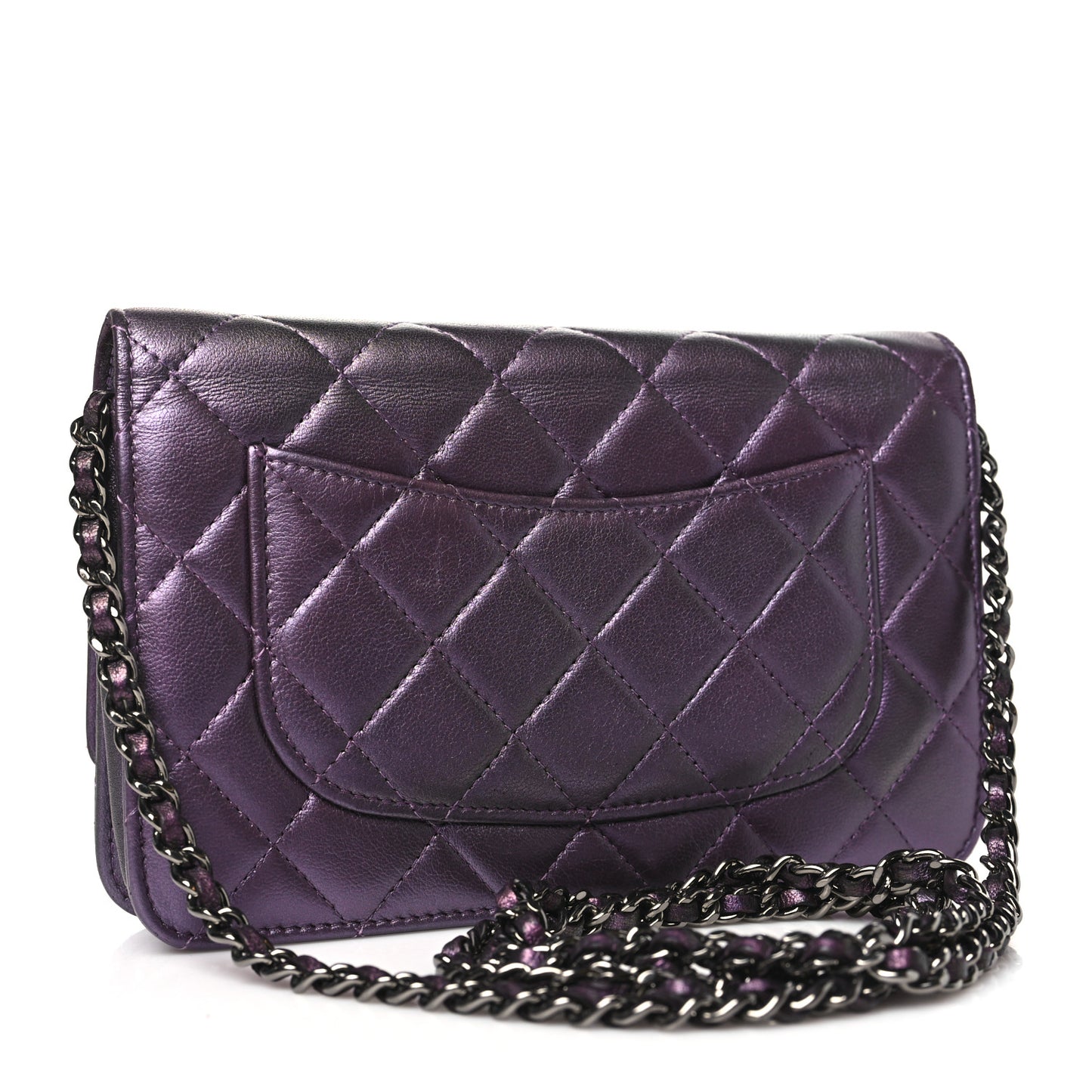 Iridescent Lambskin Quilted Wallet On Chain WOC Dark Purple