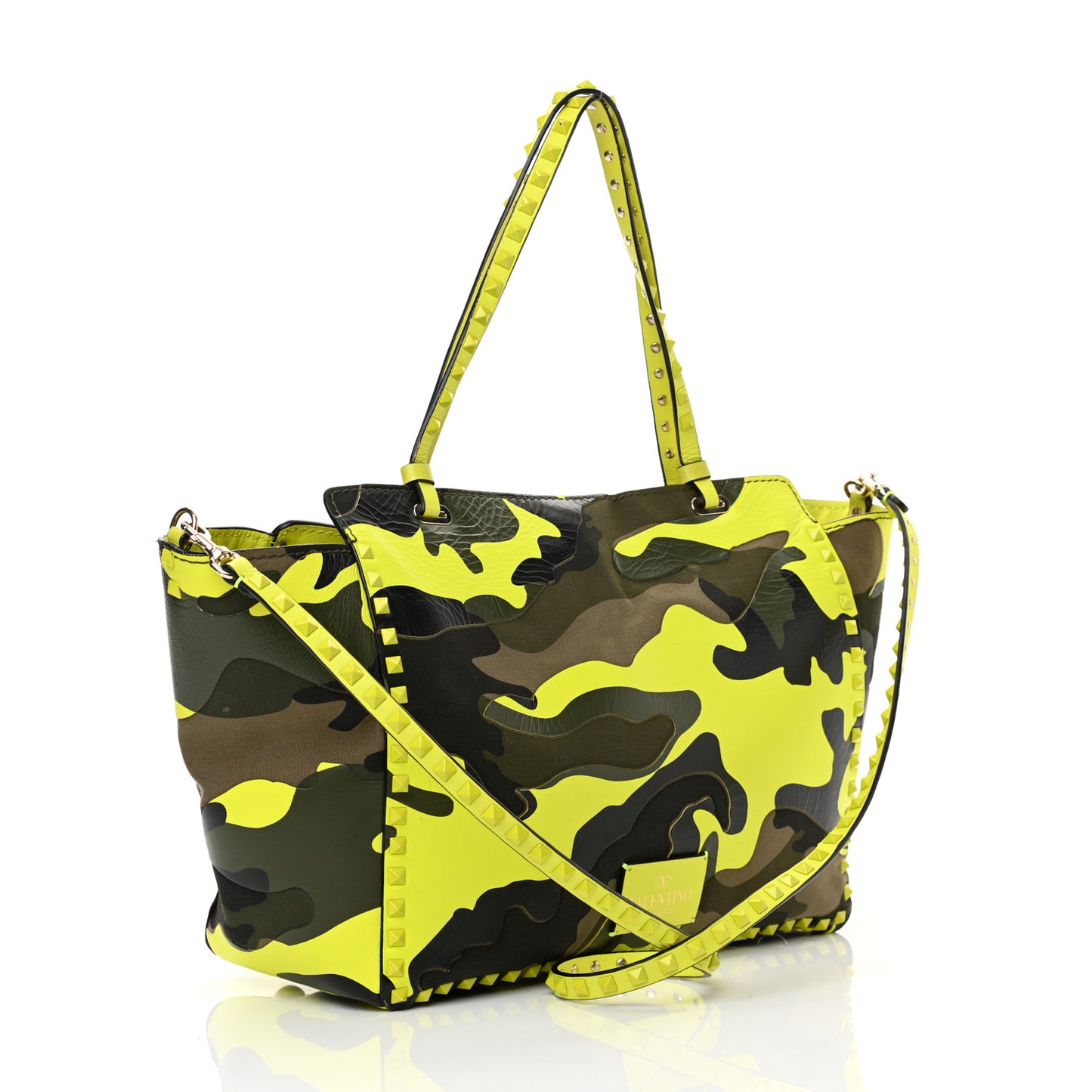 Nappa Canvas Camouflage Medium Rockstud Tote Green Fluo Yellow