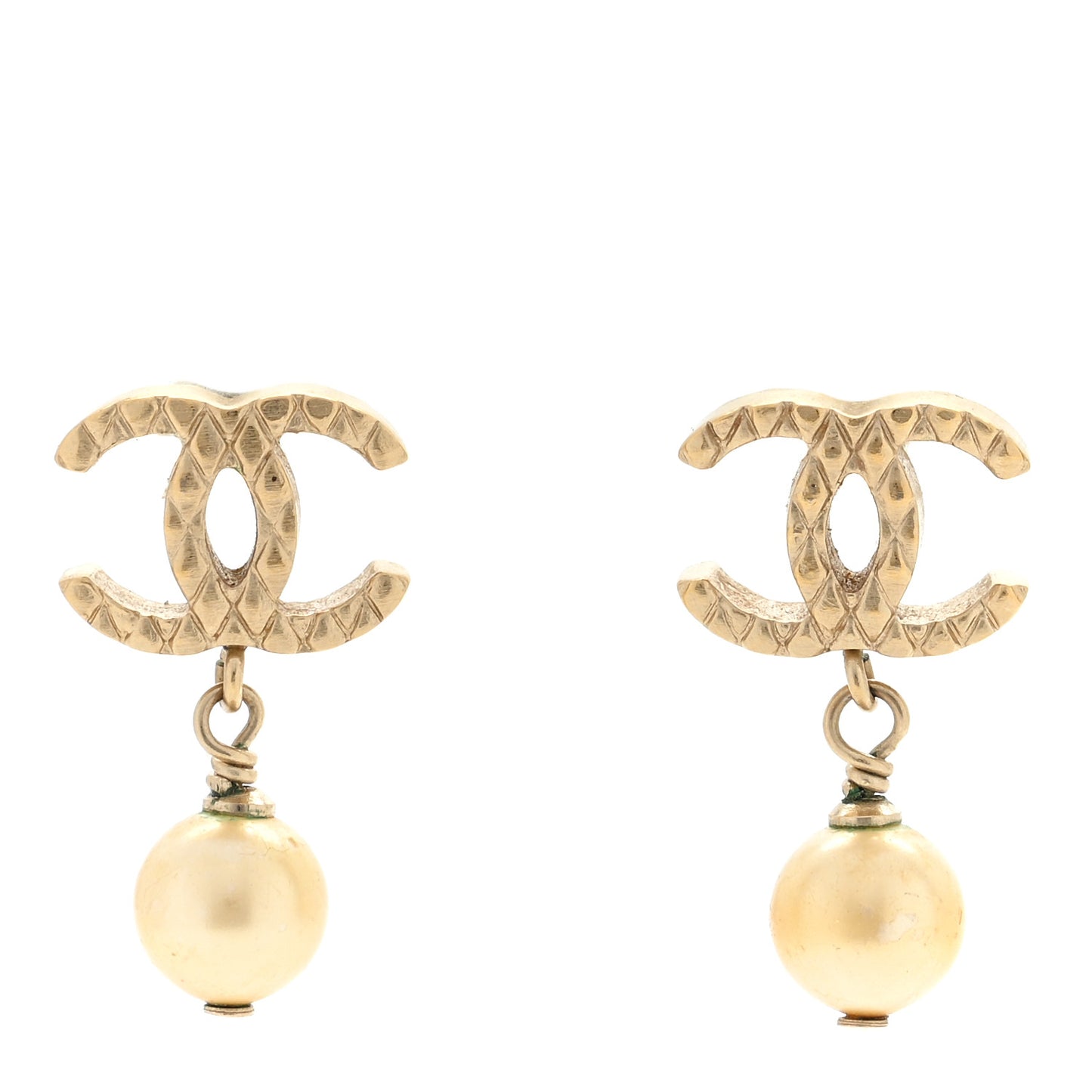 Pearl Quilted CC Drop Earrings Gold