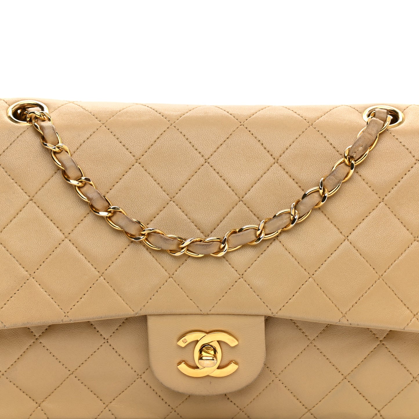 Lambskin Quilted Medium Double Flap Beige