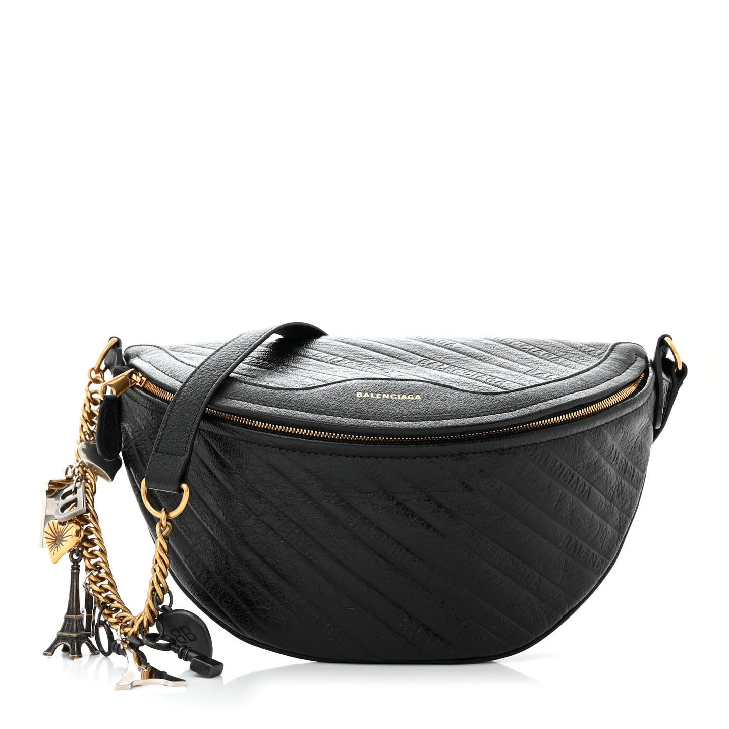Shiny Goatskin Allover Logo Embossed XS Souvenir Belt Bag Black