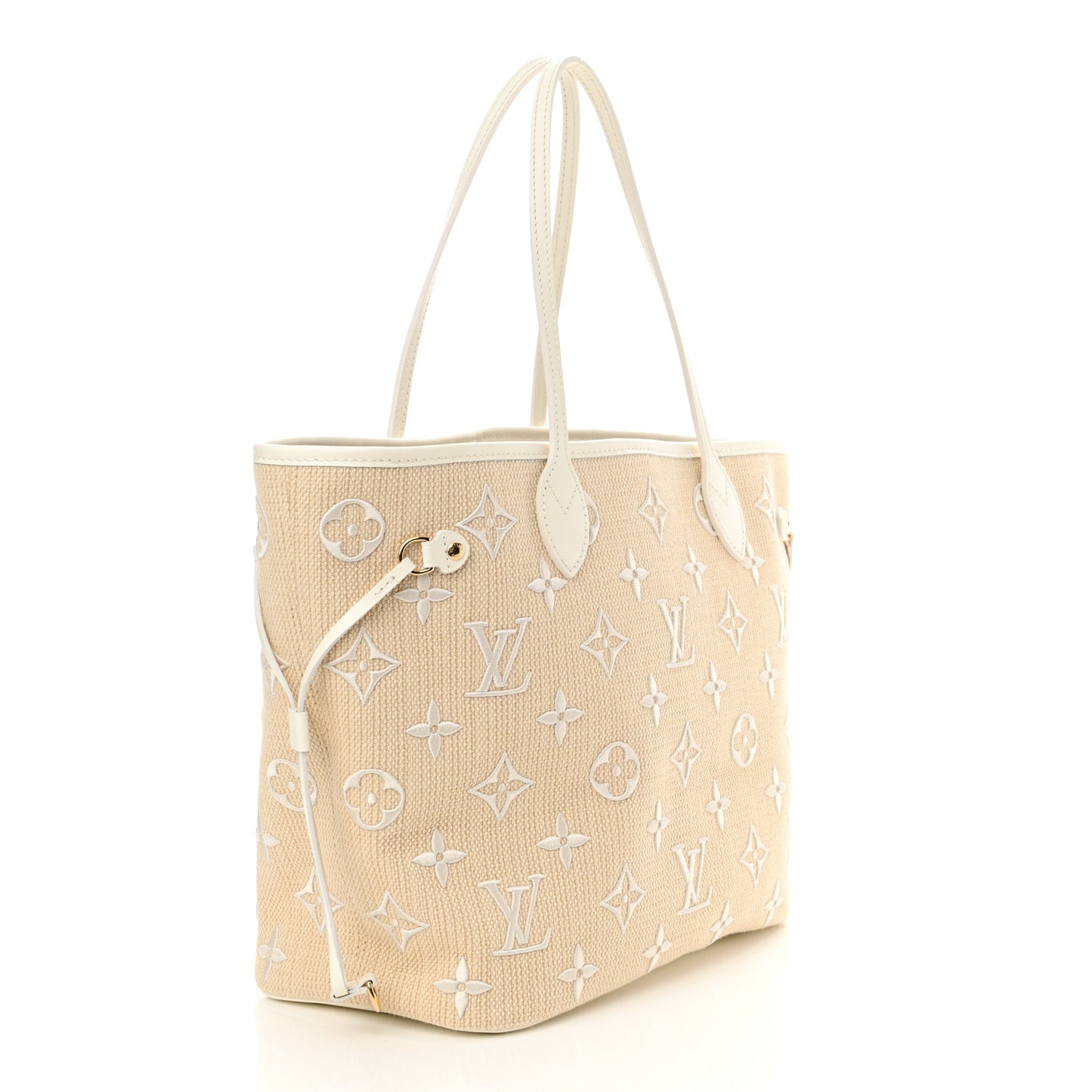 Cotton Monogram Embroidered Neverfull MM Beige White