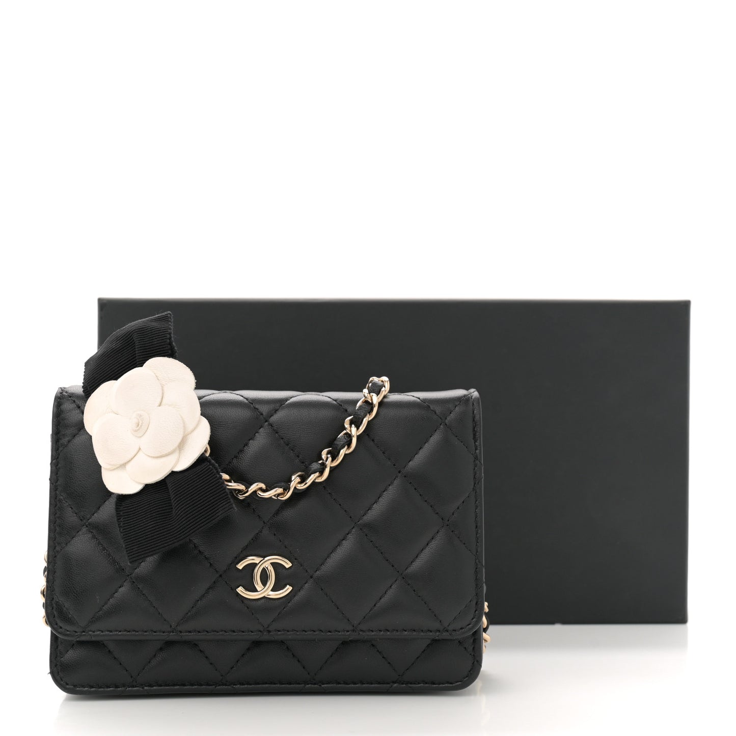 Lambskin Quilted Mini Camellia Bow Wallet On Chain WOC Black