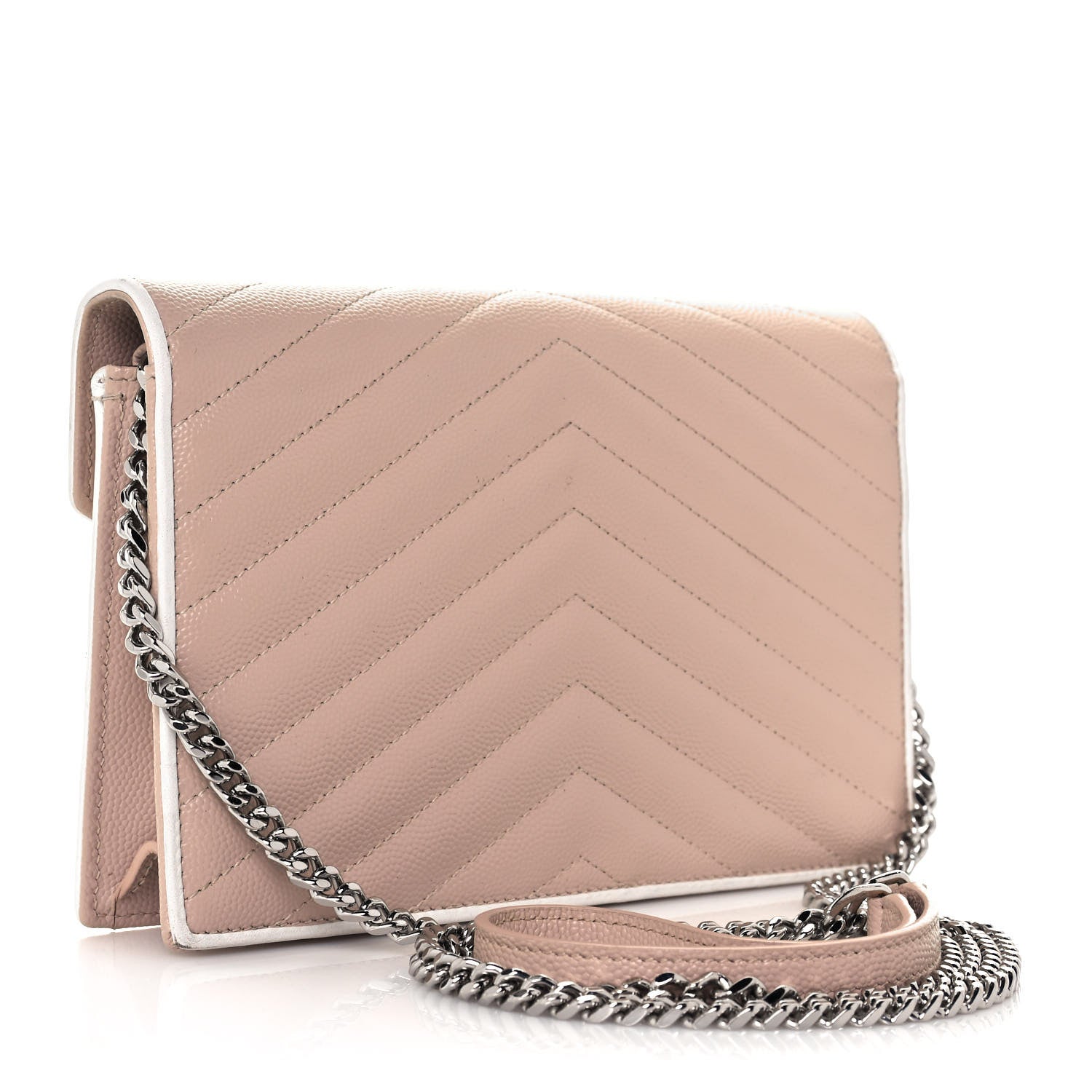 Saint Laurent Grain De Poudre Matelasse Chevron Monogram Envelope Chain Wallet Pink White 4 of 23