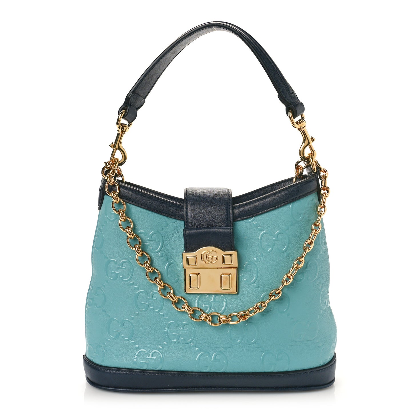 Wonka Grain Calfskin Bi-Color GG Debossed Small Padlock Shoulder Bag Dusty Azure Blue
