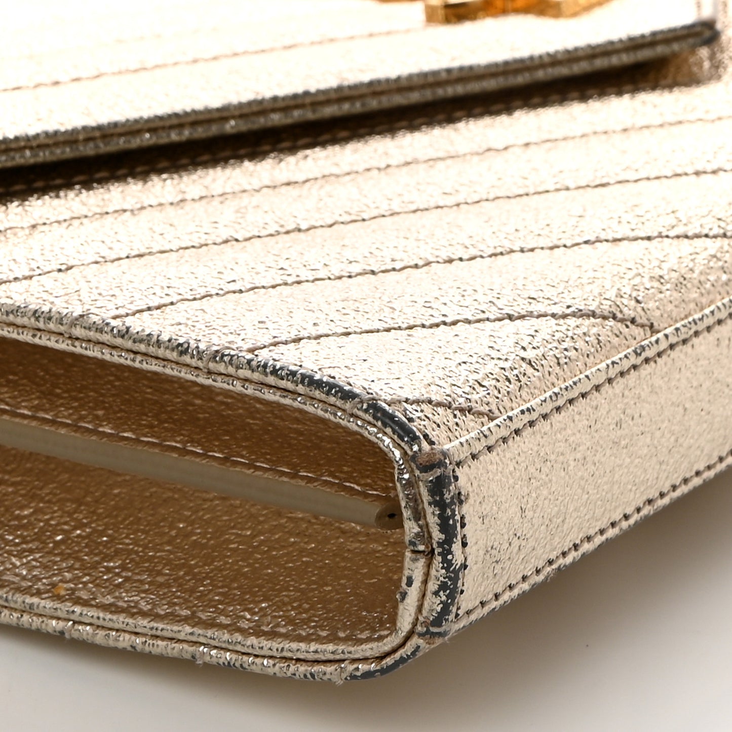 Metallic Crackled Calfskin Matelasse Chevron Monogram Chain Wallet Gold