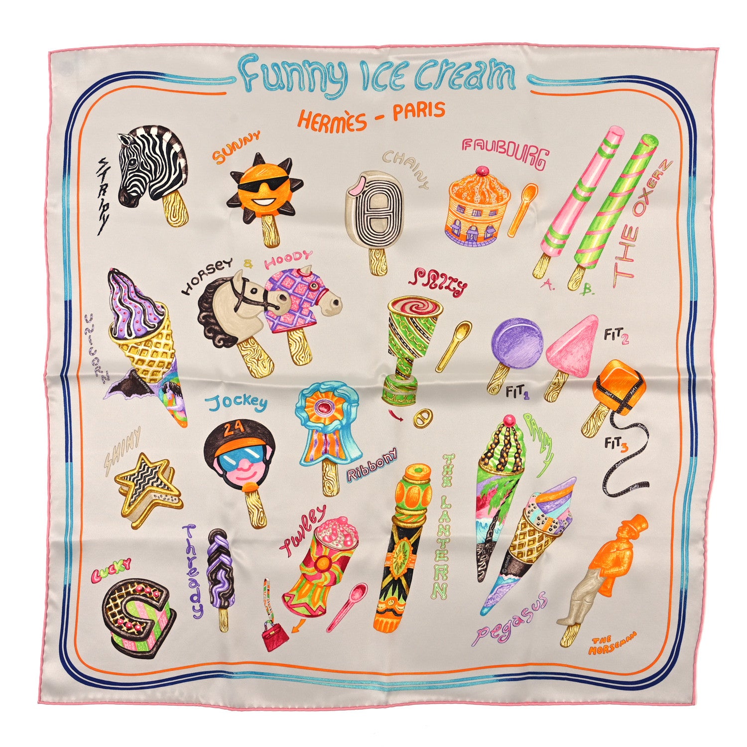 Hermes Silk Funny Ice Cream Scarf 70 Gris Perle Rose
