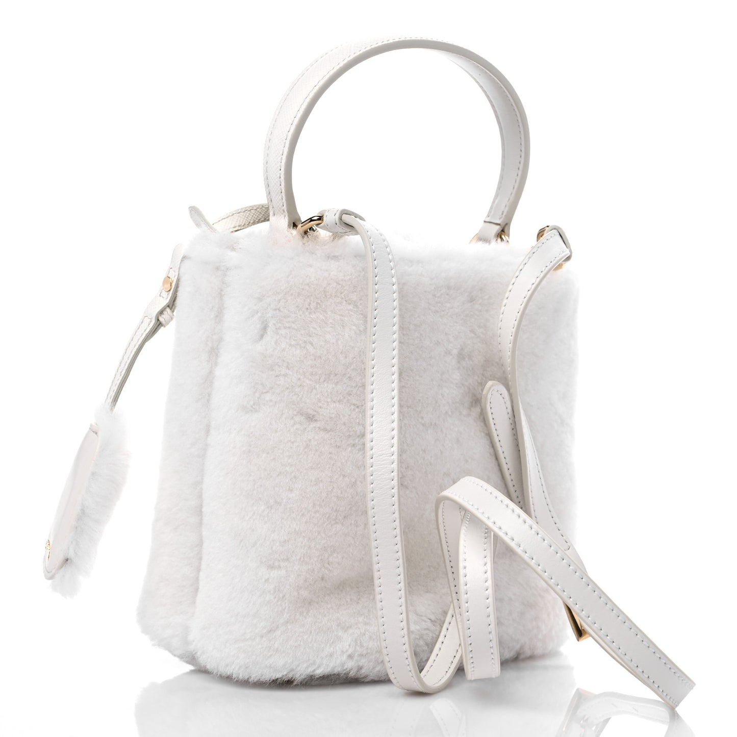 Shearling Saffiano Mini Panier Bucket Bag White