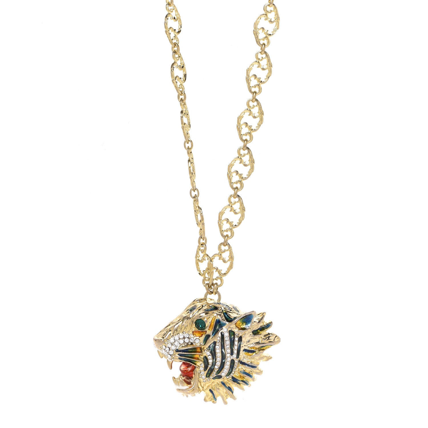 Gucci Metal Crystal Enamel Rajah Necklace Gold Blue 1 of 7