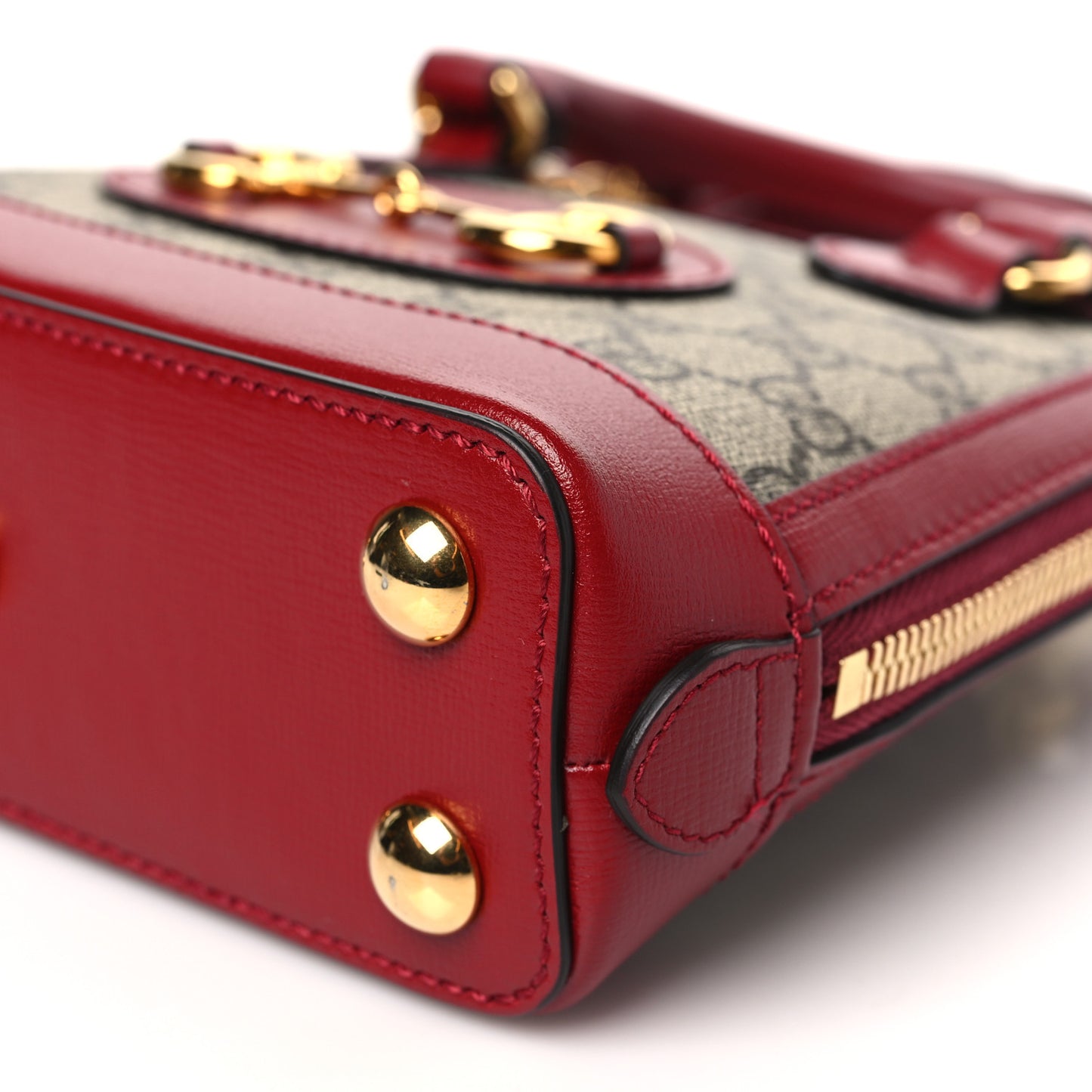 GG Supreme Monogram Azalea Calfskin Mini Horsebit 1955 Top Handle Bag Beige New Cherry Red