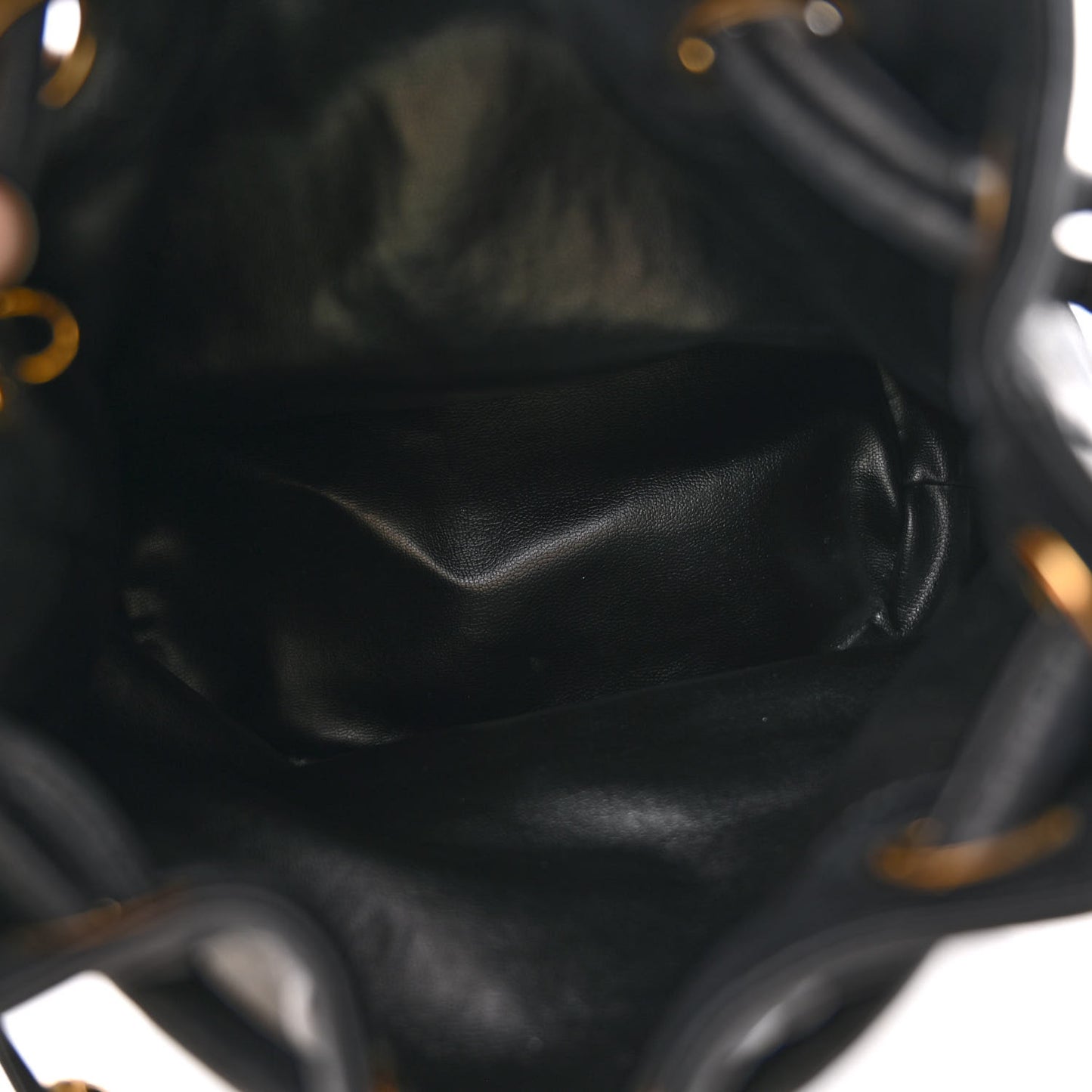 Lambskin CC Stitched Drawstring Bucket Bag Black