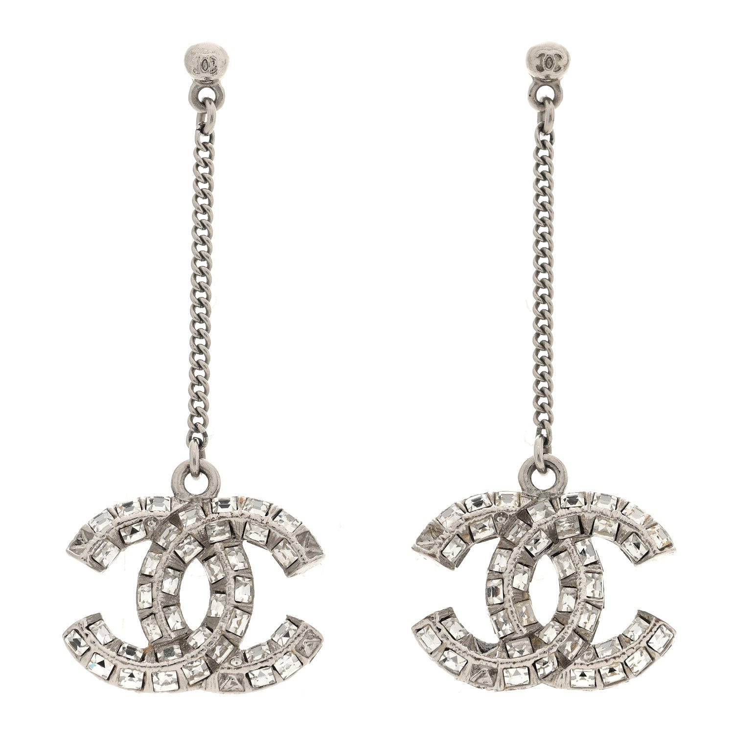 Chanel Baguette Crystal CC Drop Earrings Silver 1 of 4