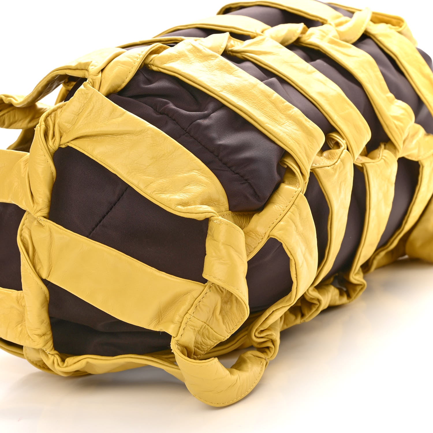 Bottega Veneta Nylon Calfskin Woven BV Tape Bucket Bag Brown Yellow 9 of 10