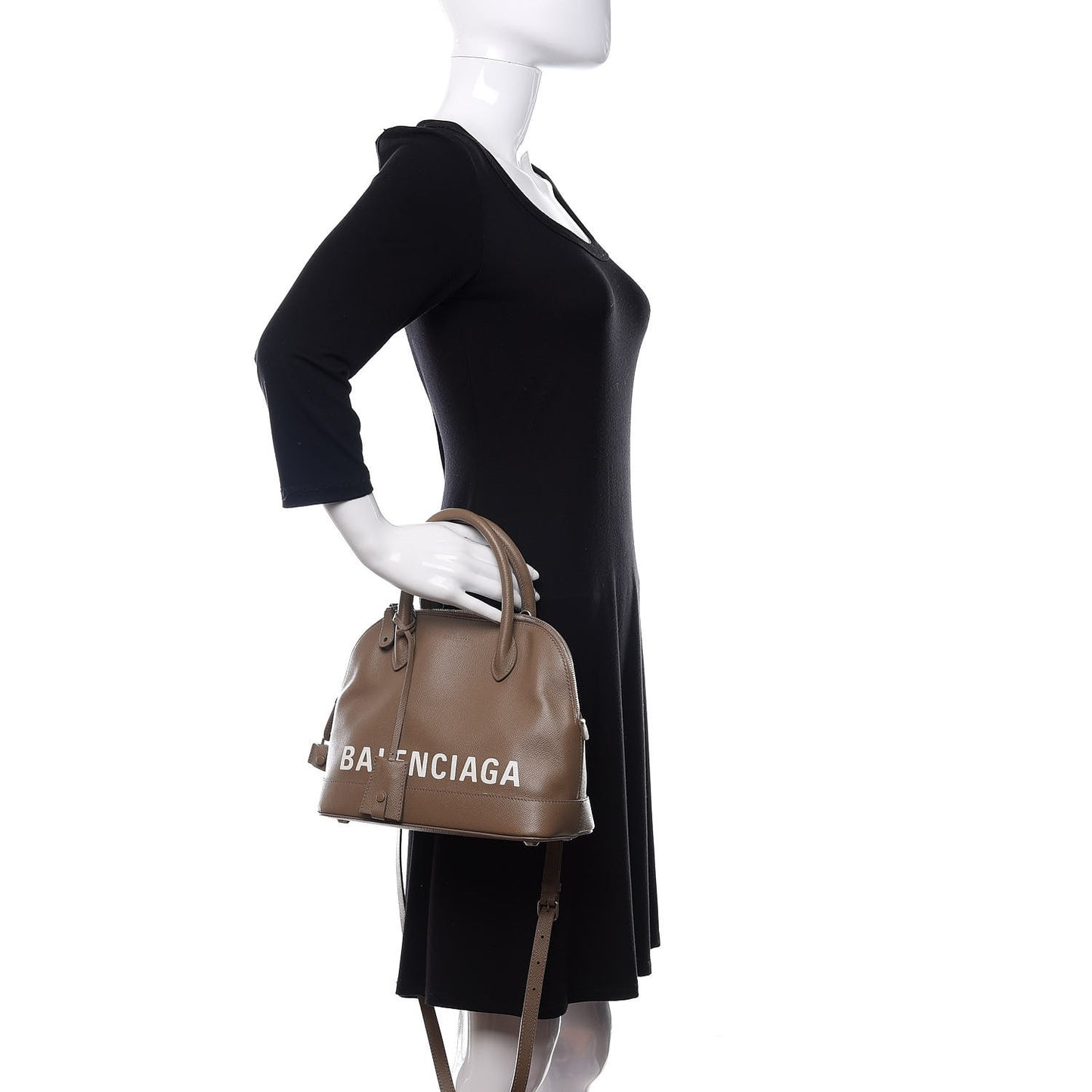 Signature Grained Calfskin Logo S Ville Top Handle Bag Mink Grey White