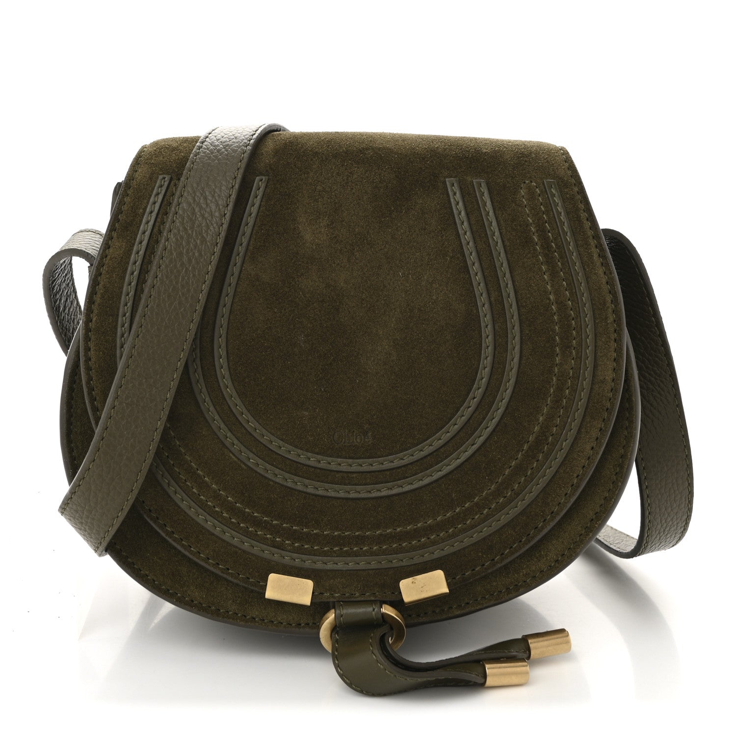 Chloe Suede Calfskin Small Marcie Saddle Bag Deep Olive 1759735