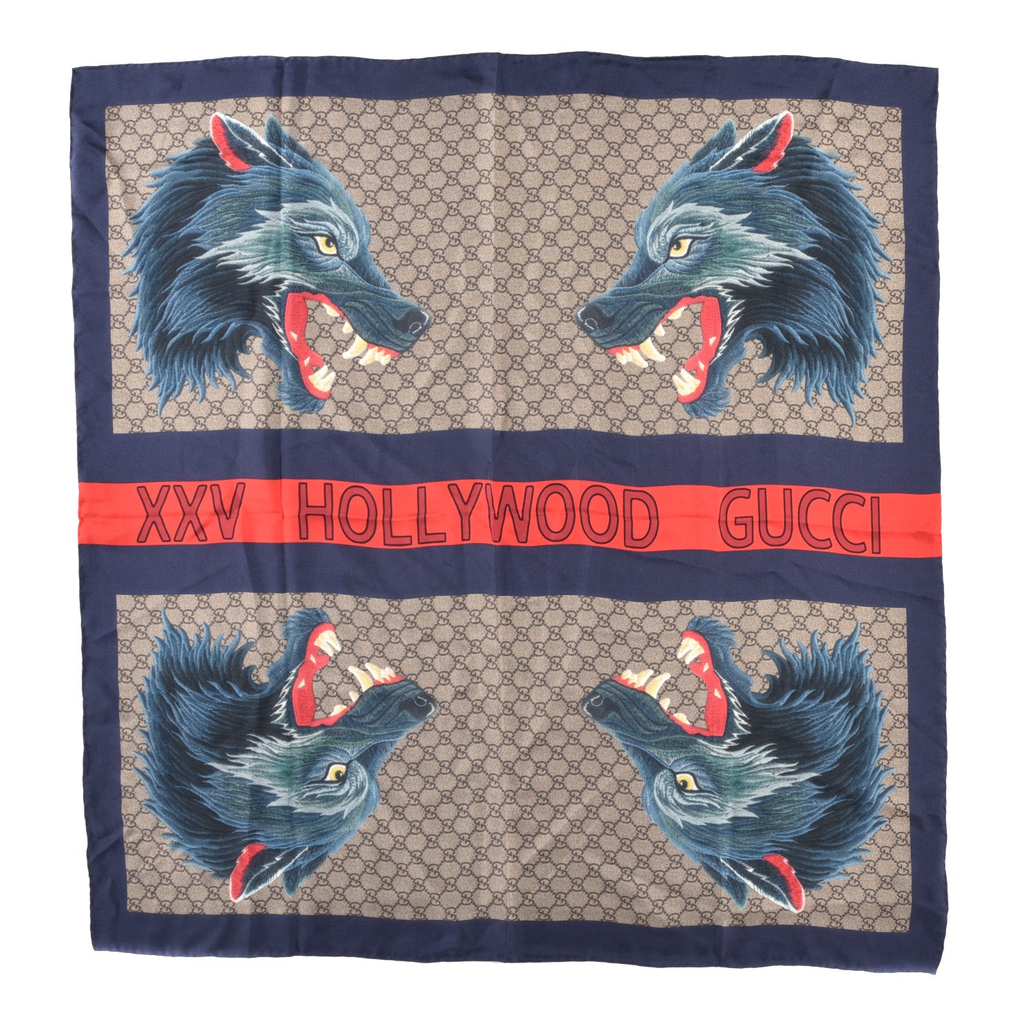 Gucci Silk Monogram XXV Holllywood Wolf Web Scarf Blue 899556