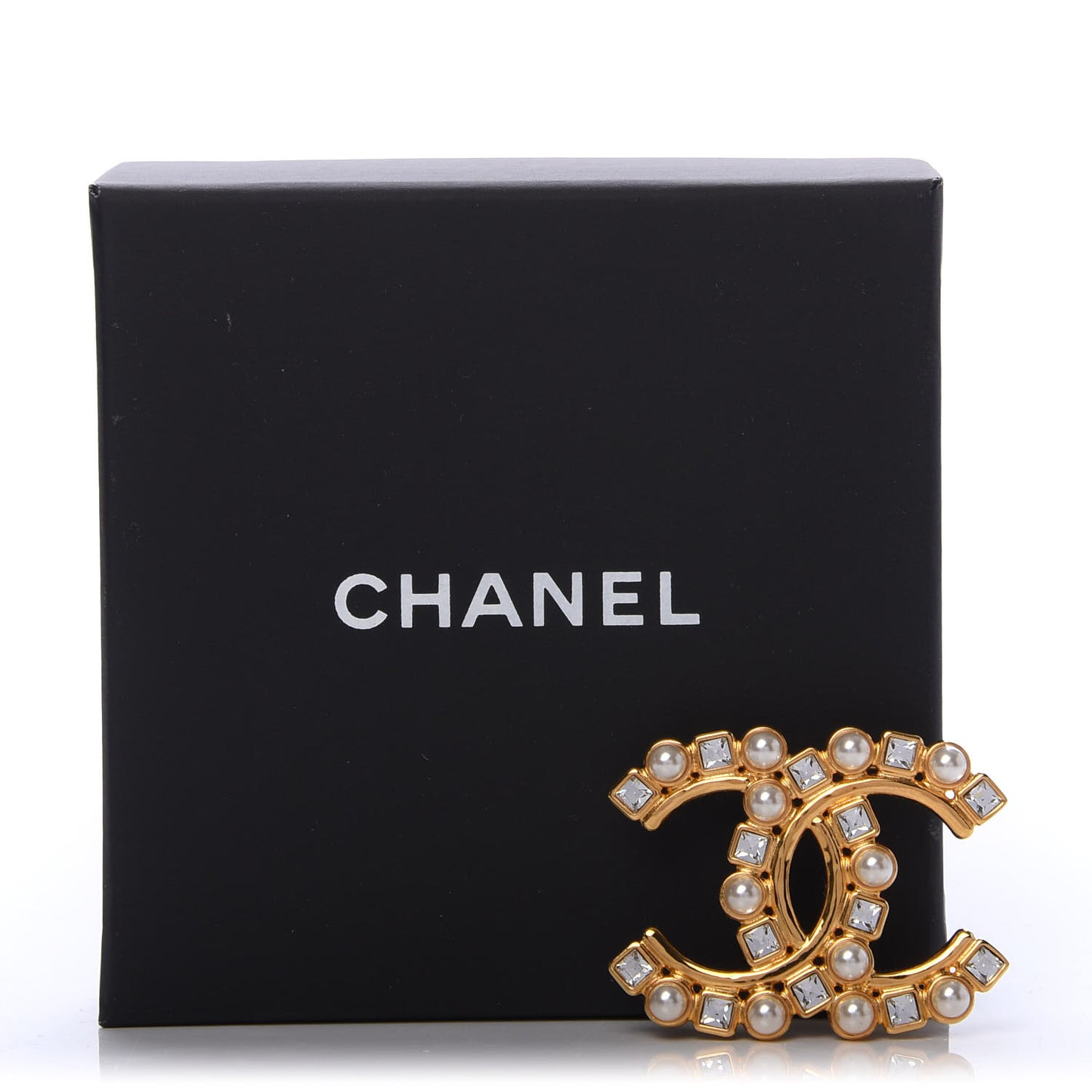 Pearl Crystal Baguette CC Brooch Gold