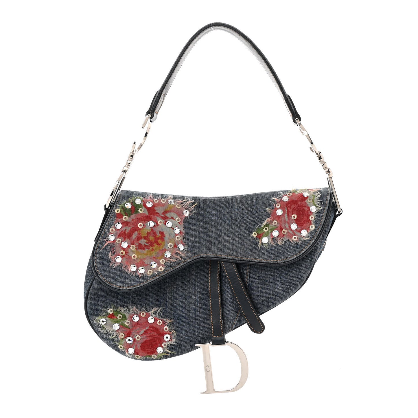 Denim Crystal Floral Embroidered Saddle Bag Multicolor