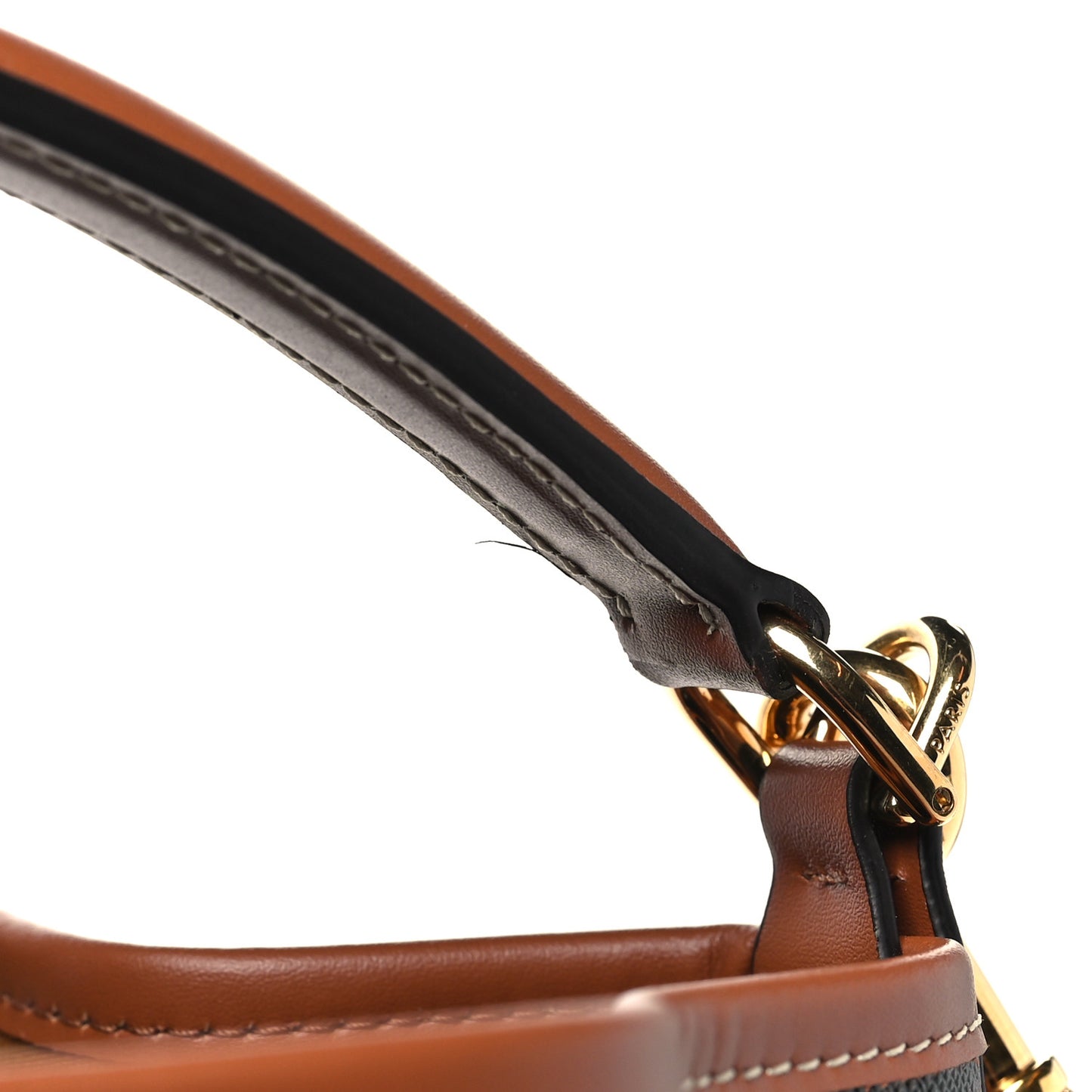 Triomphe Canvas Calfskin Clara Drawstring Bucket Bag Tan