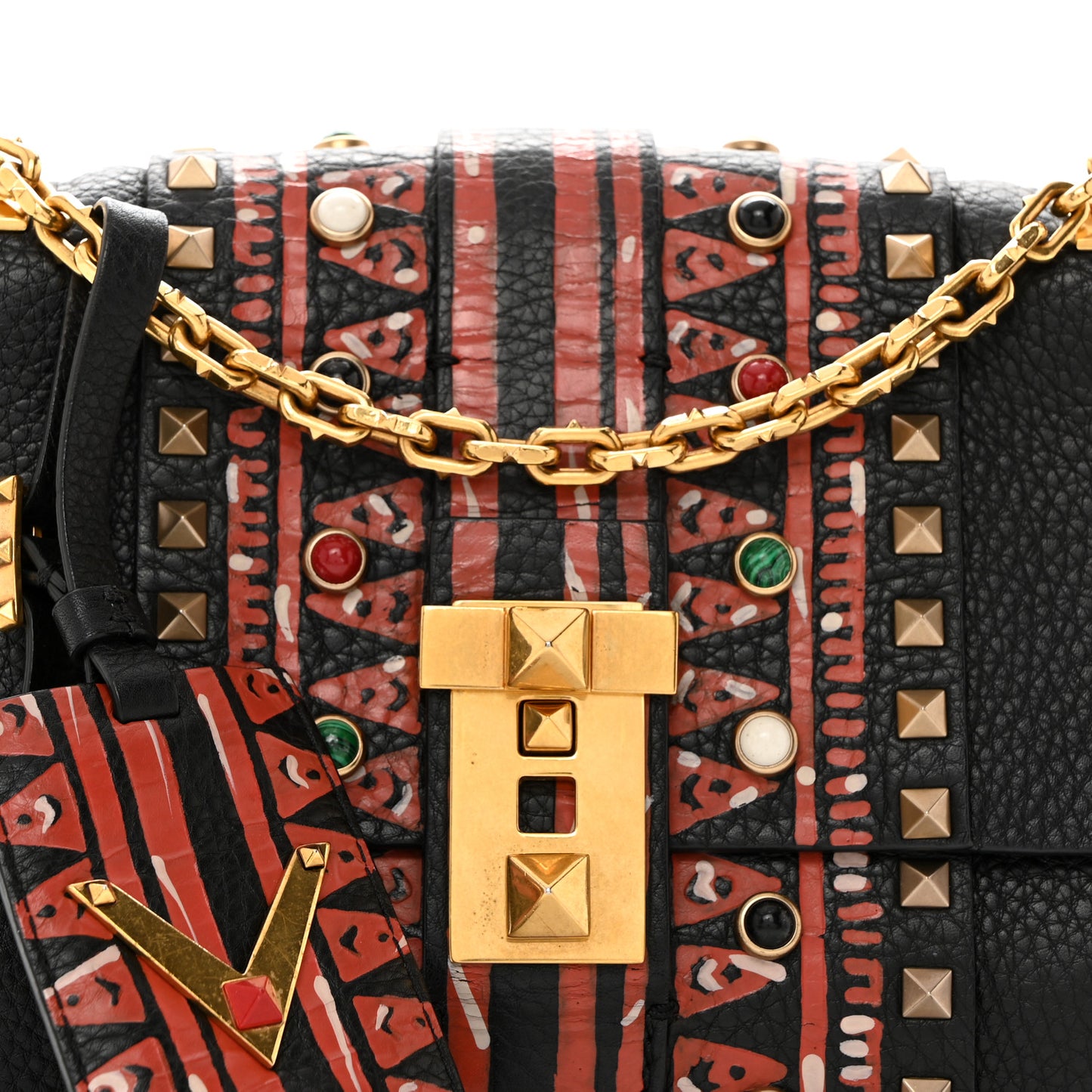 Grained Calfskin Tribal B-Rockstud Rolling Flap Black