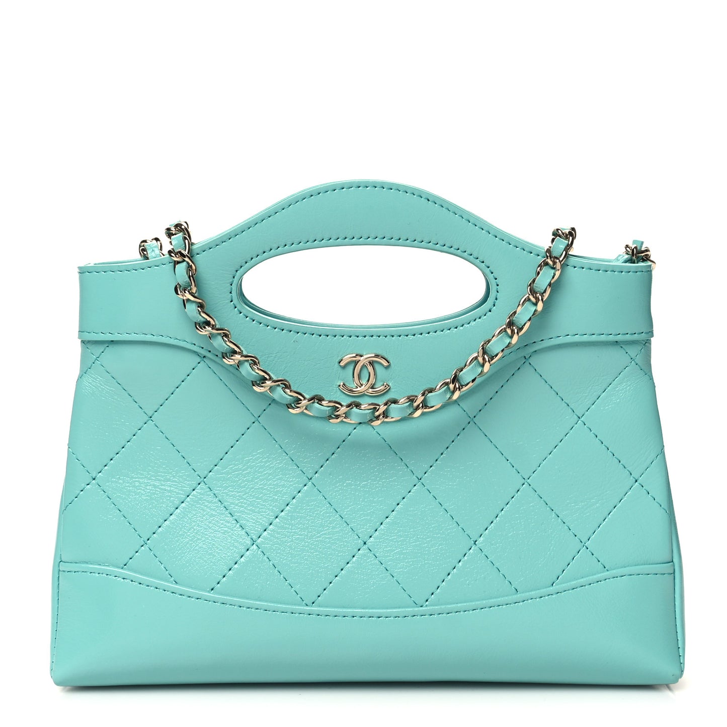 Shiny Crumpled Calfskin Quilted Nano 31 Shopping Bag Turquoise