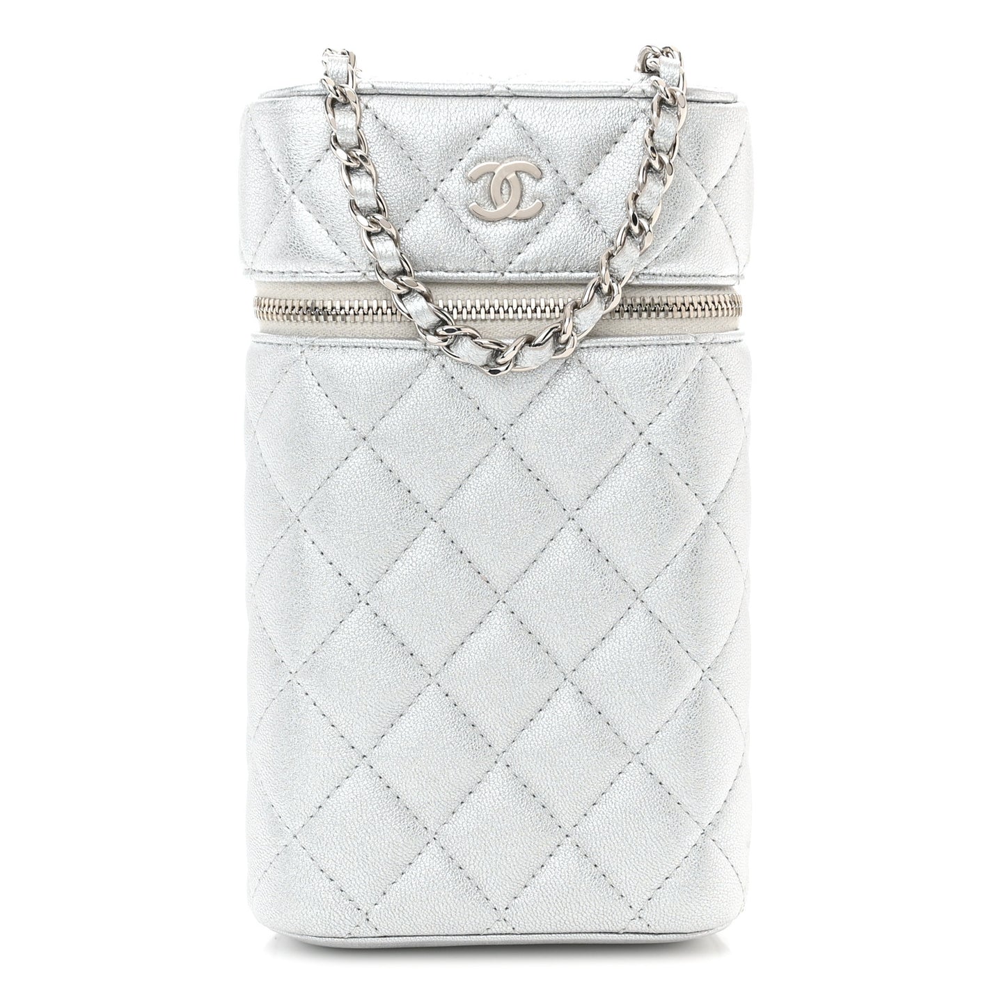 Metallic Lambskin Quilted Phone Holder With Chain Silver