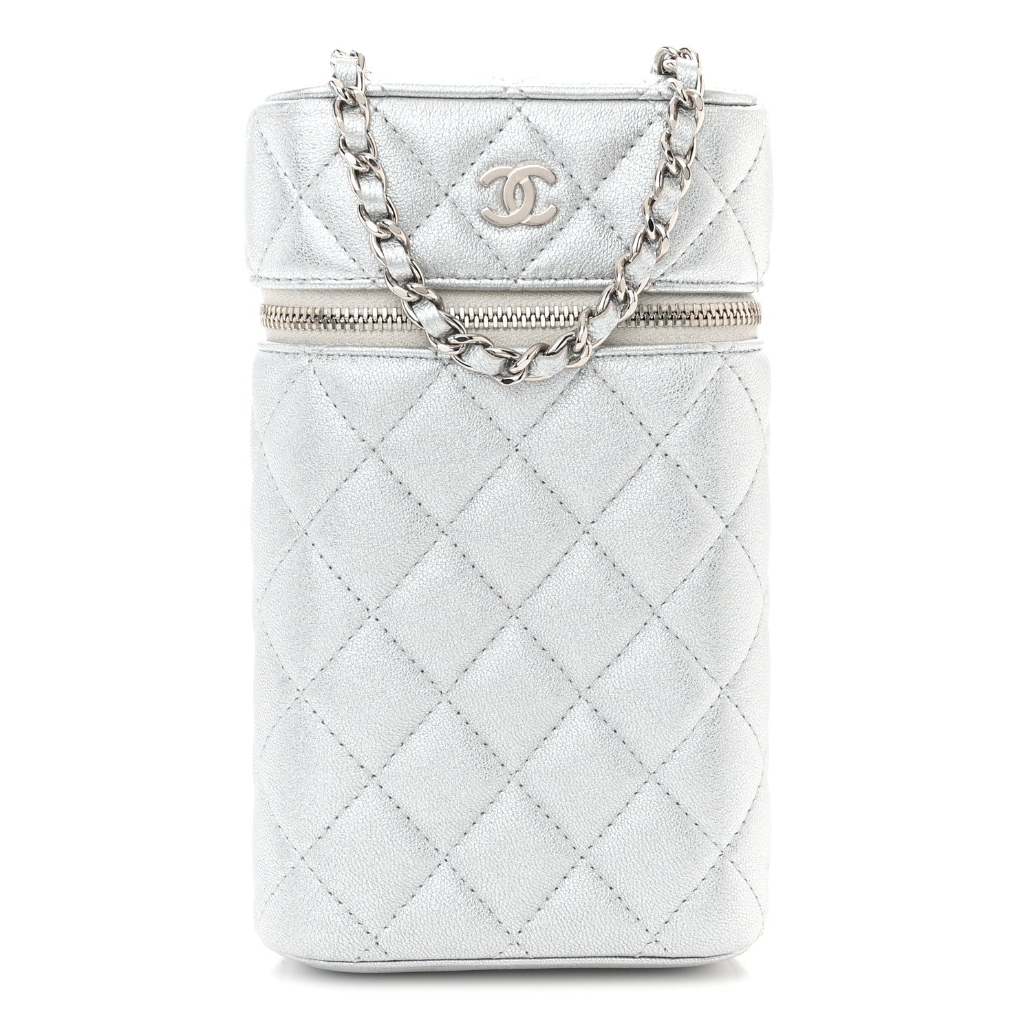 Chanel Metallic Lambskin Quilted Phone Holder With Chain Silver 1 of 12