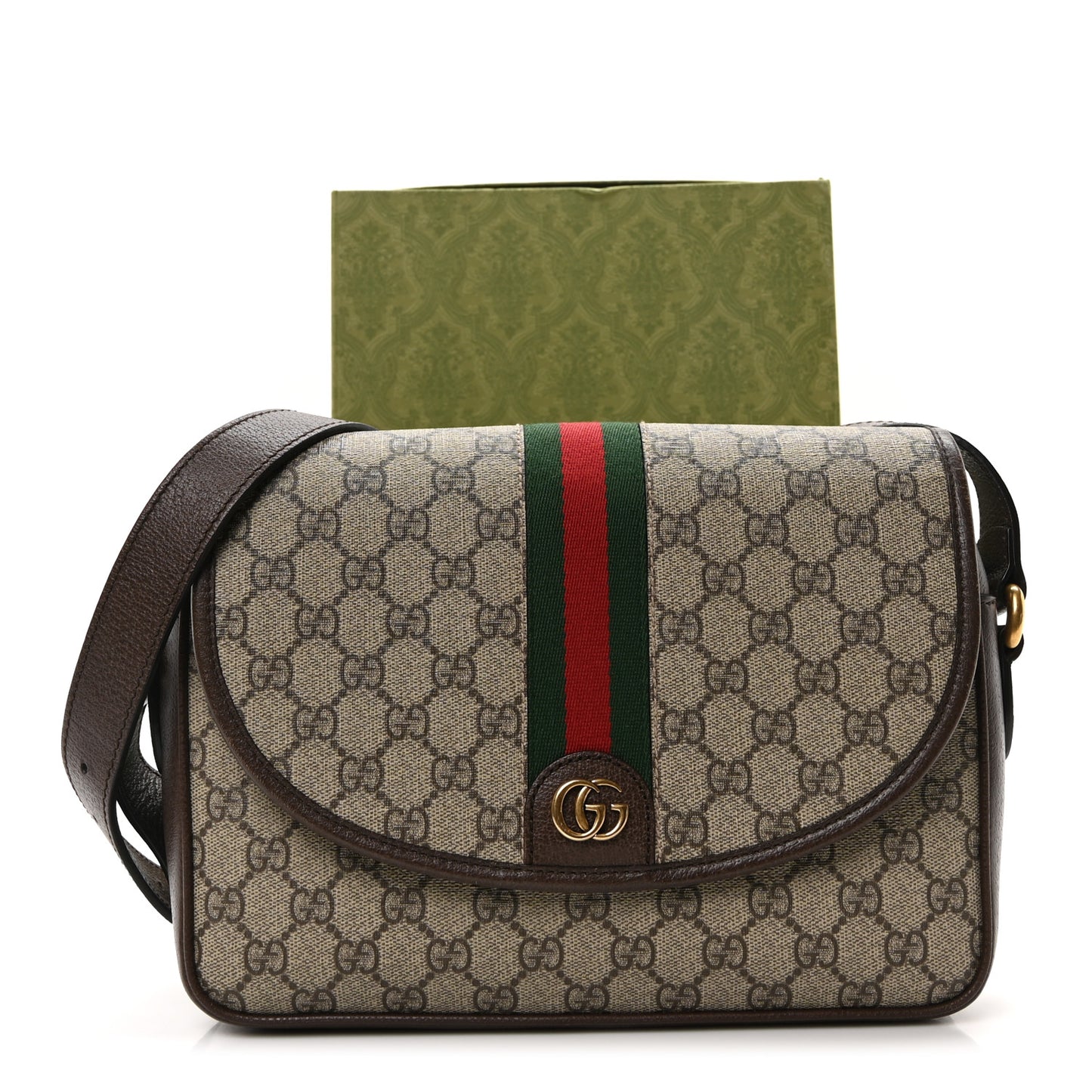 GG Supreme Monogram Textured Dollar Calfskin Web Ophidia Flap Shoulder Bag Beige Ebony New Acero