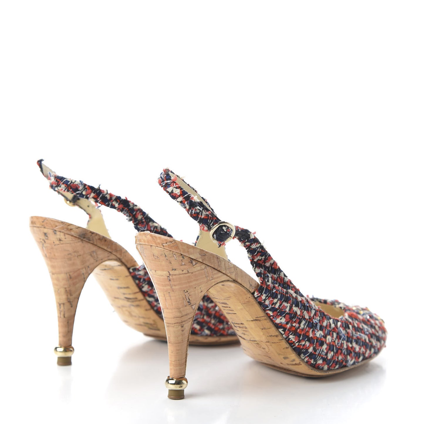 Tweed Crystal Cork CC Slingback Pumps 37.5 Multicolor
