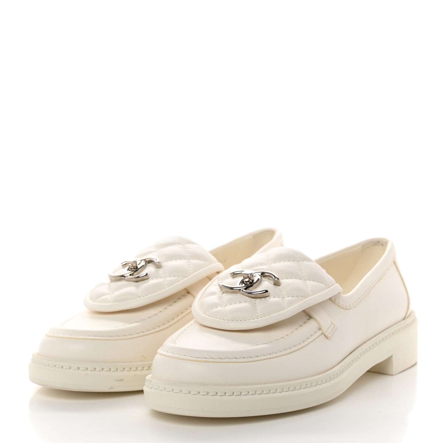Shiny Lambskin Quilted CC Turnlock Loafers 36 White