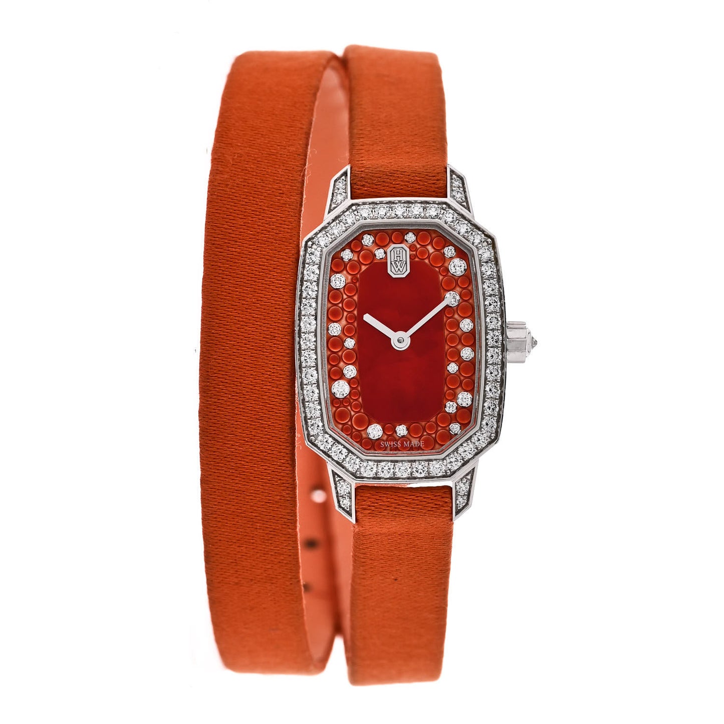 18K White Gold Satin Diamond Bezel 17mm Emerald Quartz Watch Orange