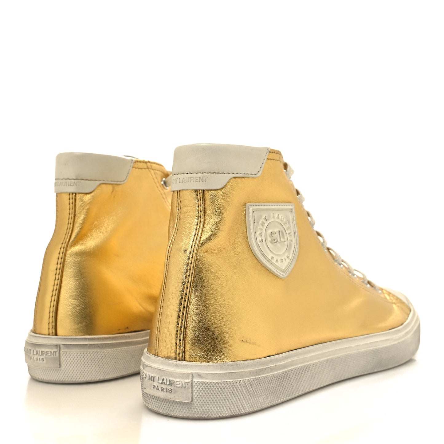 Distressed Calfskin Bedford Logo-Appliqued Hightop Sneakers 44 Gold Cream White