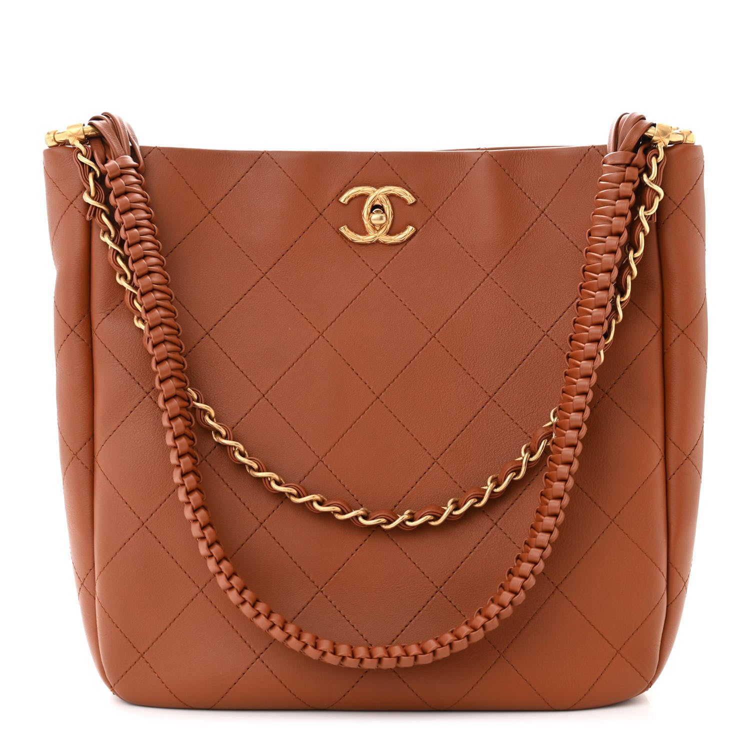 Chanel Calfskin Quilted Braided Handle Chain Hobo Brown 1483955