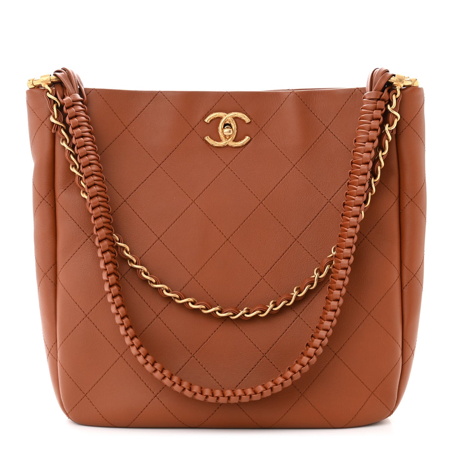 Calfskin Quilted Braided Handle Chain Hobo Brown