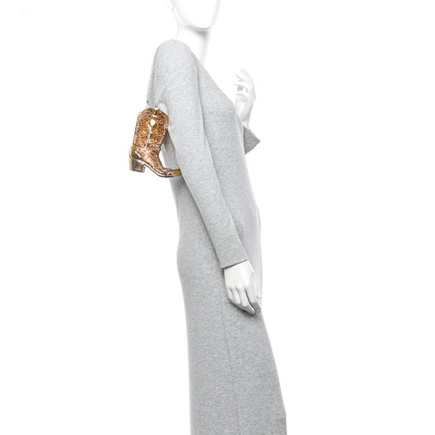 Swarovski Crystal Cowboy Boot Austin Minaudiere Clutch Gold Brown