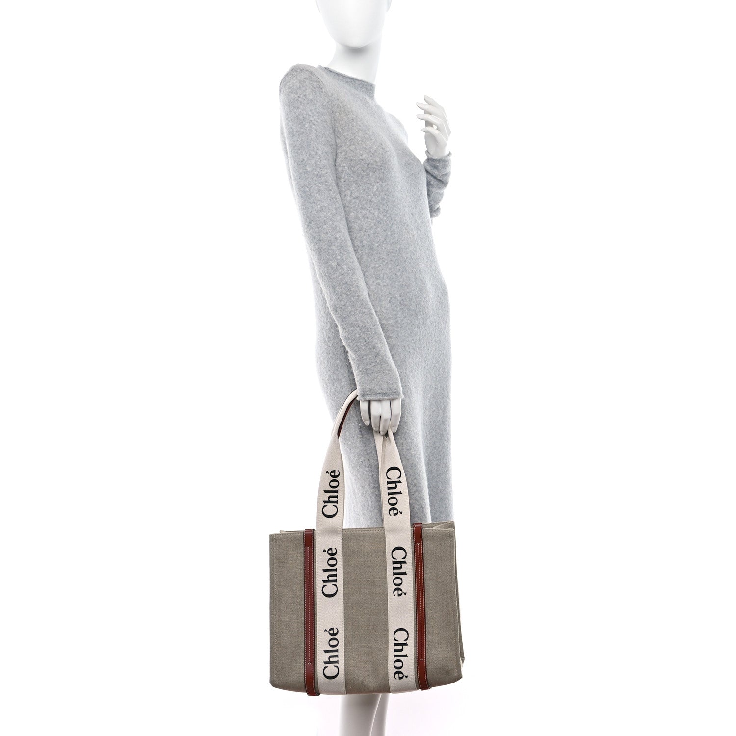 Chloe Linen Calfskin Medium Woody Ribbon Tote White Brown 2 of 8