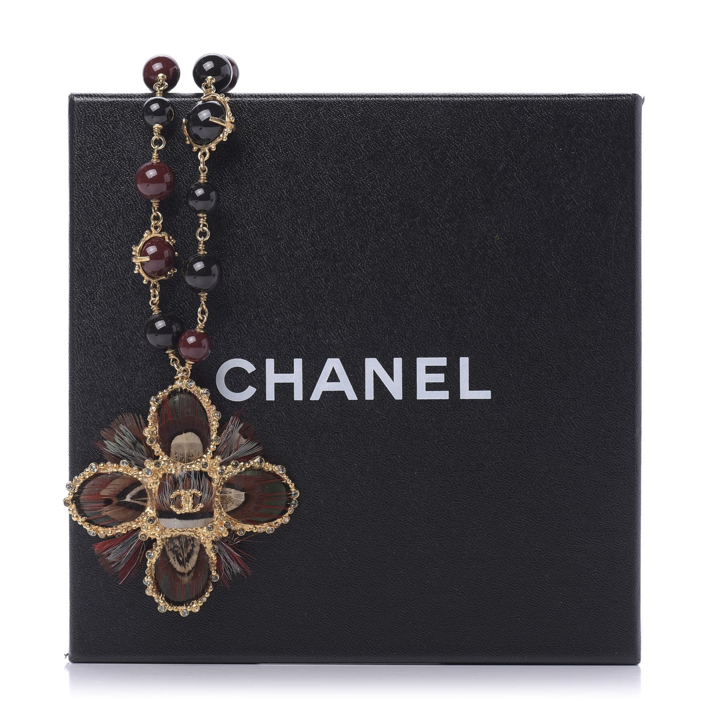 Strass Feather Beaded Paris Edinburgh CC Pendant Necklace Gold Multicolor