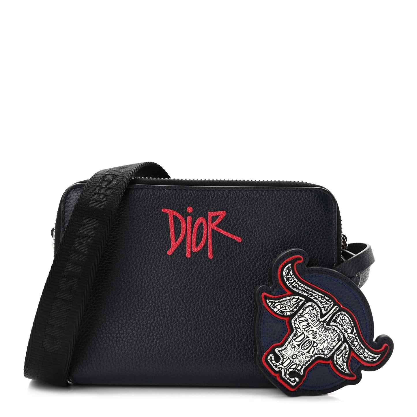 X SHAWN STUSSY Grained Calfskin Ox Head Crossbody Double Zip Crossbody Pouch Navy Blue