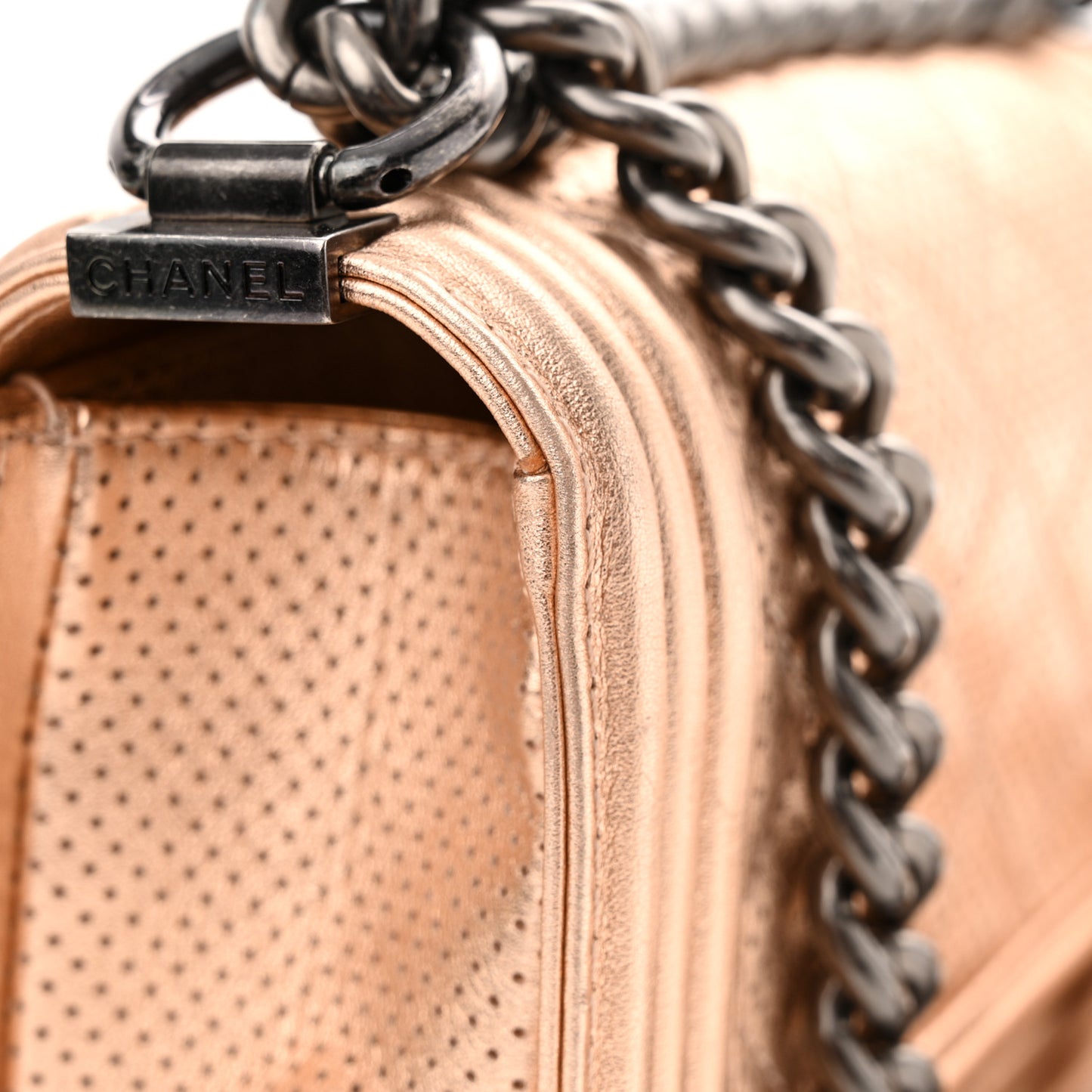 Metallic Calfskin Perforated Small Boy Flap Gold