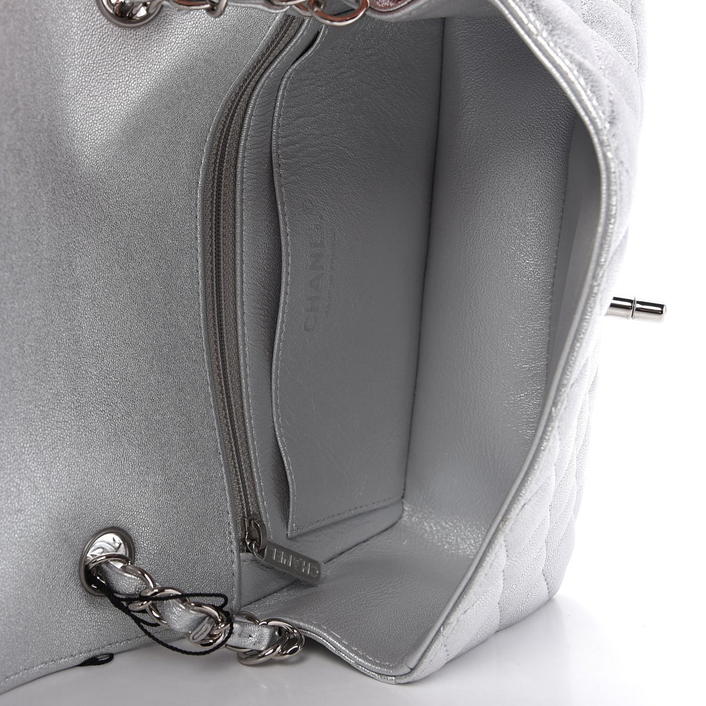 Metallic Lambskin Quilted Mini Rectangular Flap Silver